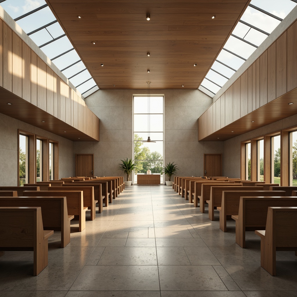 Prompt: Minimalist church interior, neutral color palette, natural stone flooring, wooden pews, stained glass windows, sleek metal accents, modern lighting fixtures, subtle textures, ambient illumination, calm atmosphere, sacred symbols, minimalist decor, eco-friendly materials, sustainable design, open floor plan, high ceilings, clerestory windows, soft warm lighting, shallow depth of field, 1/1 composition, realistic renderings.