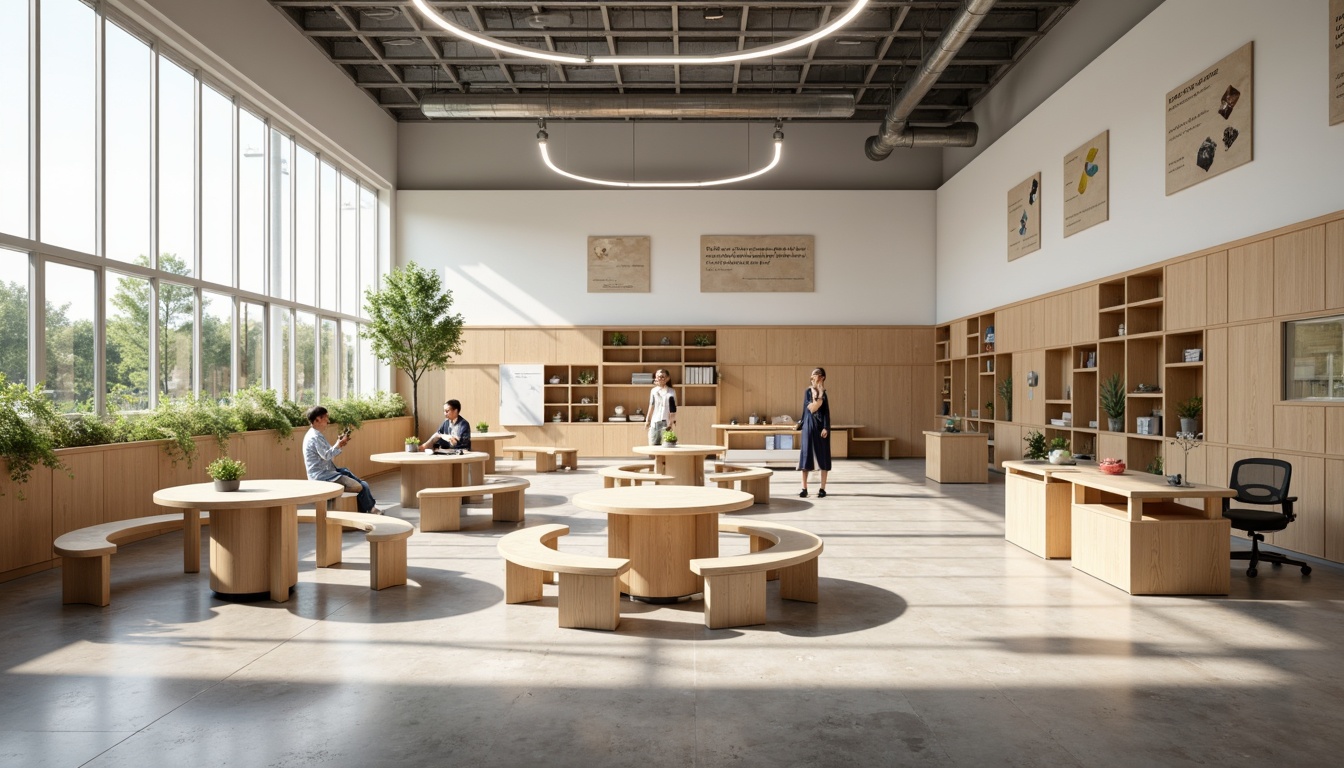 Prompt: Minimalist school interior, functional furniture, simple wooden tables, ergonomic chairs, soft pastel colors, natural light, open shelving, collaborative learning spaces, circular gathering areas, acoustic panels, industrial-style lighting, exposed concrete floors, recycled paper decorations, motivational quotes, green plants, calm atmosphere, shallow depth of field, 1/1 composition, realistic textures, ambient occlusion.