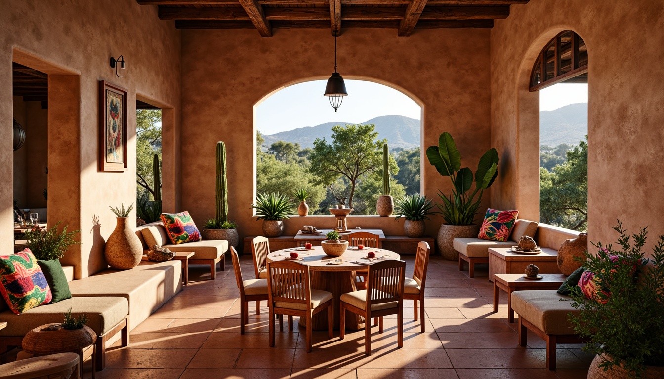 Prompt: Earthy Southwestern dining room, warm terracotta flooring, natural stone walls, rustic wooden furniture, woven textiles, vibrant Native American patterns, colorful ceramic vases, earthy tone upholstery, rattan chairs, pendant lanterns, warm ambient lighting, soft shadows, 3/4 composition, cozy intimate space, desert landscape views, cactus plants, adobe-inspired architecture.