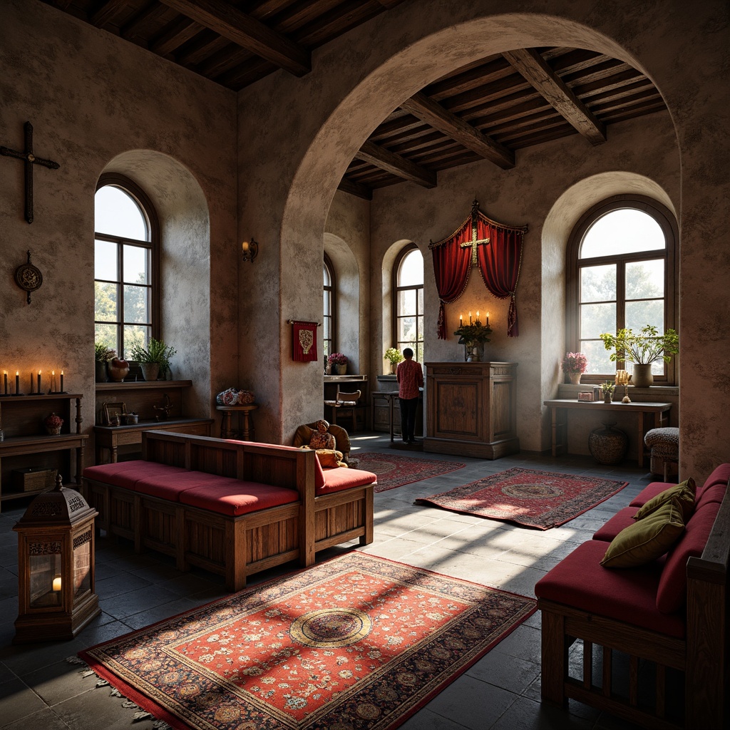 Prompt: Rustic monastery interior, worn stone walls, arched windows, wooden benches, ornate crosses, distressed wood furniture, velvet drapes, rich tapestries, candles, lanterns, stained glass, intricate carvings, prayer rugs, spiritual artifacts, dim warm lighting, shallow depth of field, 1/2 composition, realistic textures, ambient occlusion.