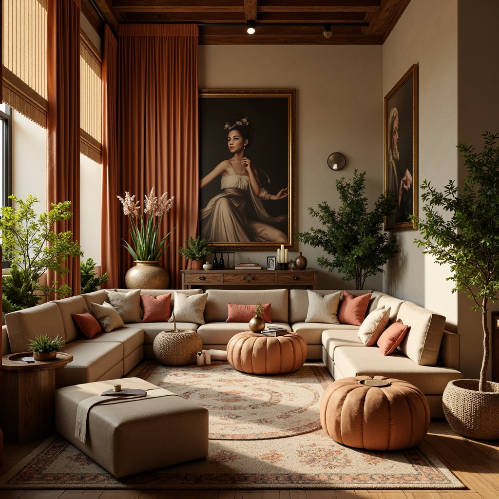 Prompt: Rich velvet fabrics, luxurious golden accents, warm beige walls, soft cream furnishings, natural wood tones, earthy terracotta pots, lush greenery, delicate floral patterns, subtle metallic sheens, ambient candlelight, cozy reading nooks, inviting textures, soothing color harmony, 3/4 composition, intimate atmosphere, realistic renderings.