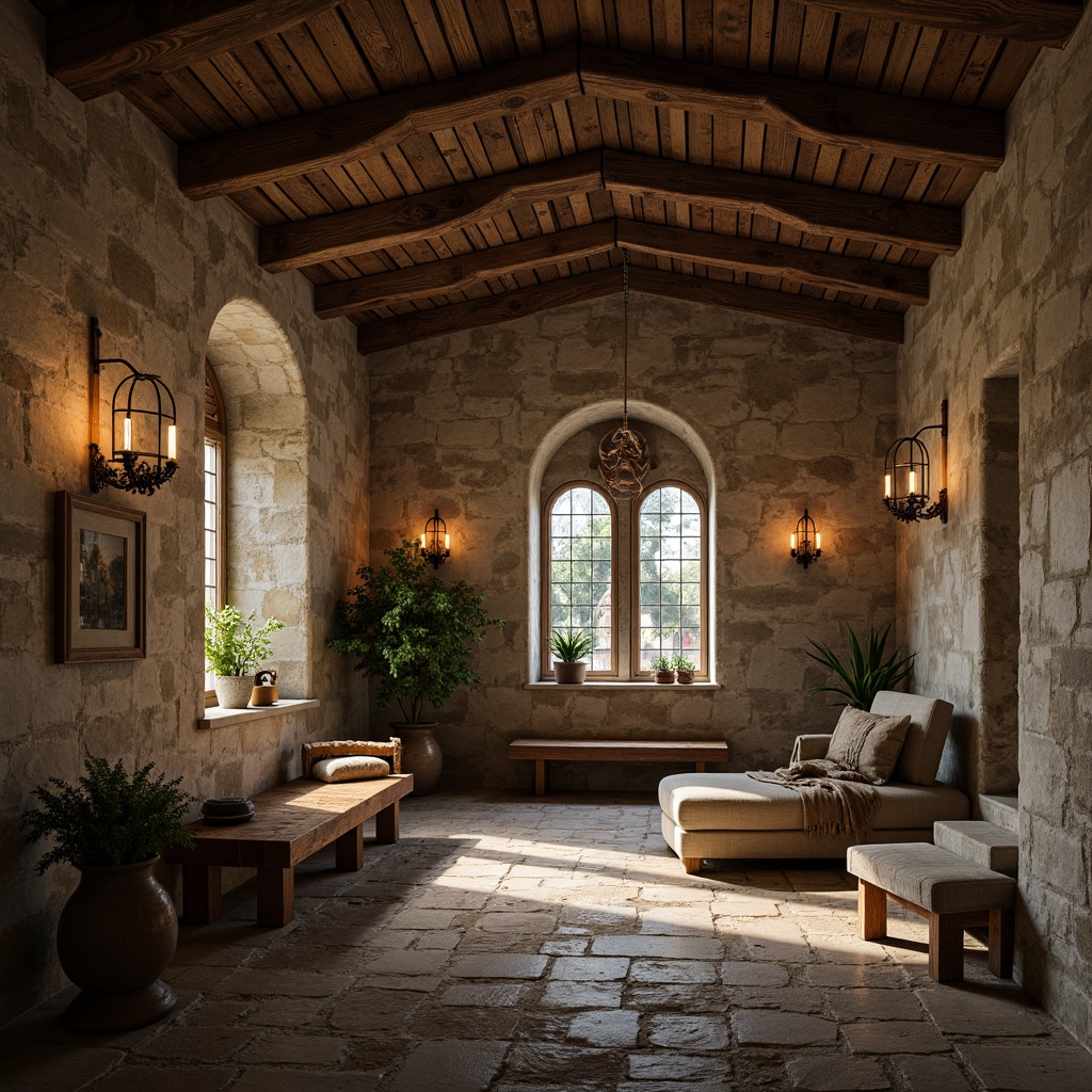 Prompt: Rustic monastery walls, distressed stonework, weathered wooden accents, ornate stone carvings, arched windows, stained glass details, earthy color palette, natural textures, subtle lighting effects, warm candlelit ambiance, serene atmosphere, quiet contemplation, soft focus, shallow depth of field, 1/1 composition, realistic render, ambient occlusion.