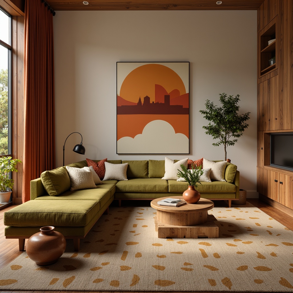 Prompt: Retro-inspired living room, warm beige walls, rich walnut wood accents, vintage olive green furniture, pops of burnt orange, earthy terracotta pottery, natural linen upholstery, geometric patterned rugs, sleek brass lighting fixtures, minimalist decorative accessories, abundant natural light, soft warm glow, shallow depth of field, 2/3 composition, cinematic view, realistic textures, ambient occlusion.