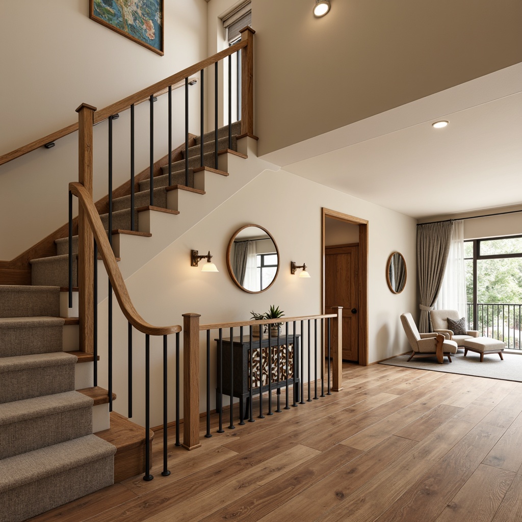 Prompt: Sleek wooden handrails, low-profile metal balusters, geometric patterned risers, rich walnut treads, soft carpeted landings, minimalist newel posts, open-plan layout, abundant natural light, warm beige walls, retro-inspired lighting fixtures, 3/4 composition, shallow depth of field, realistic textures, ambient occlusion.