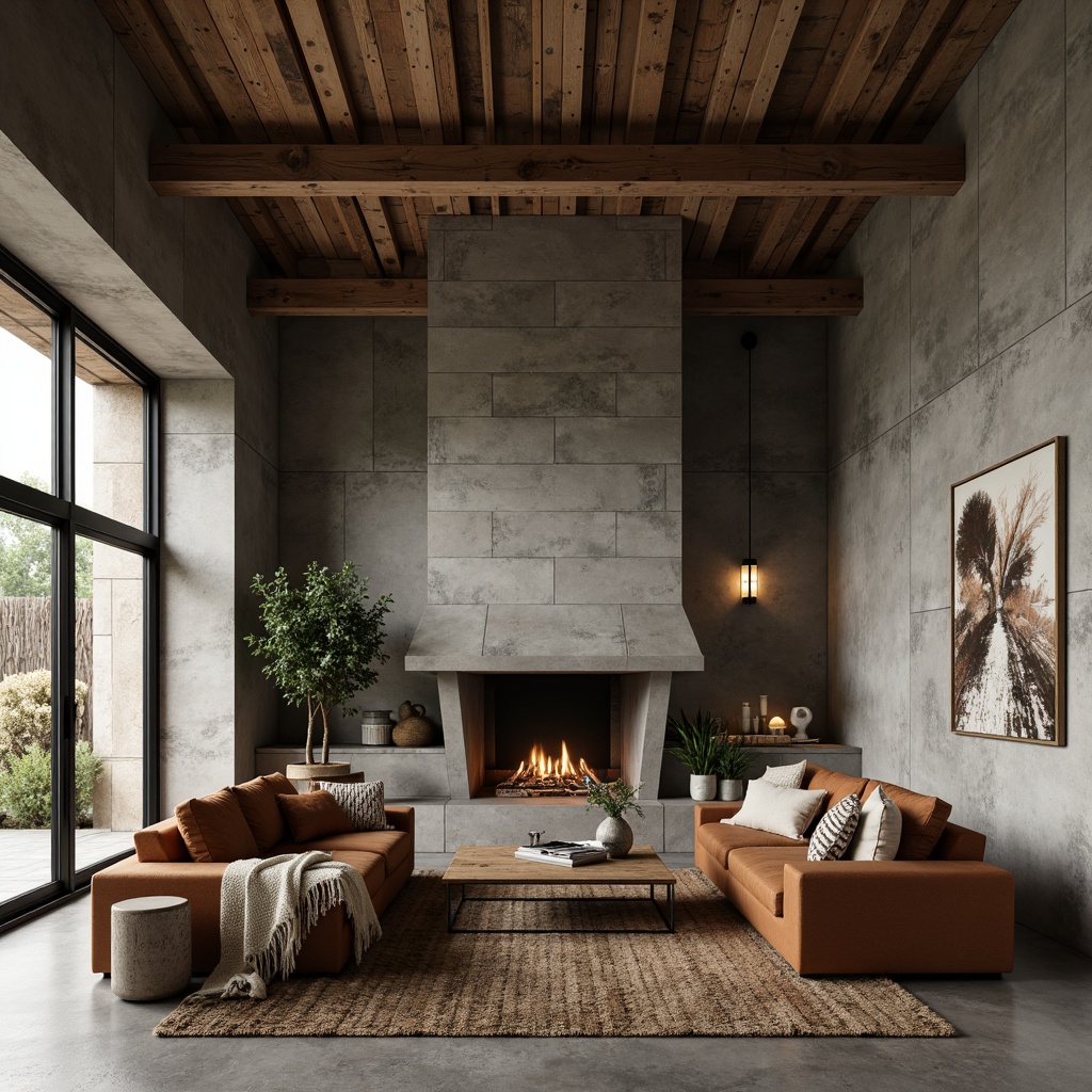 Prompt: Exposed concrete walls, industrial metal beams, reclaimed wood accents, earthy tones, muted brown sofas, natural stone fireplace, rugged textures, brutalist architecture, minimalist decor, functional furniture, cozy throw blankets, warm ambient lighting, 3/4 composition, shallow depth of field, realistic shadows, rustic charm, organic feel.