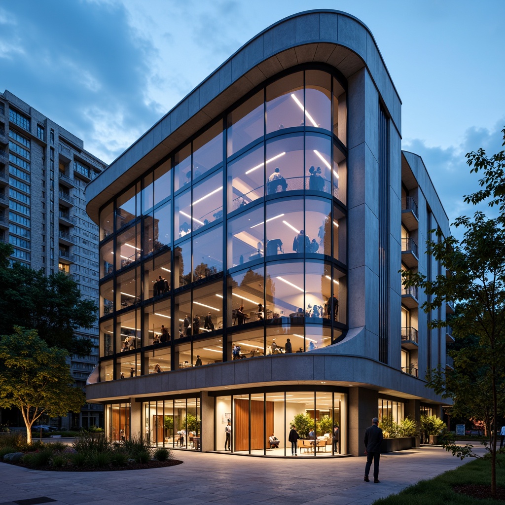 Prompt: Curved building silhouette, polished chrome accents, reflective glass fa\u00e7ades, smooth stucco exteriors, rich wood paneling, luxurious marble floors, metallic mesh railings, minimalist steel door handles, sleek aluminum window frames, industrial concrete walls, matte black metal roofs, vibrant greenery, urban cityscape, cloudy blue sky, dramatic spotlighting, low-angle photography, 1/1 composition, high-contrast rendering, realistic material reflections.