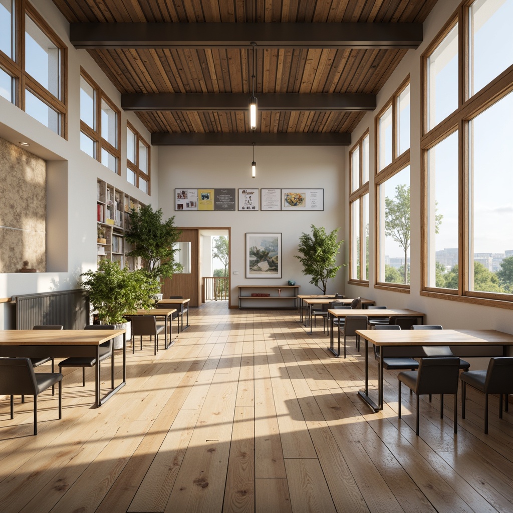 Prompt: Simple school building, minimal ornamentation, abundance of natural light, large windows, wooden flooring, neutral color palette, industrial chic furniture, metal chairs, minimalist decor, educational posters, green plants, open spaces, modern architecture, clean lines, subtle textures, soft warm lighting, shallow depth of field, 3/4 composition, panoramic view, realistic renderings, ambient occlusion.