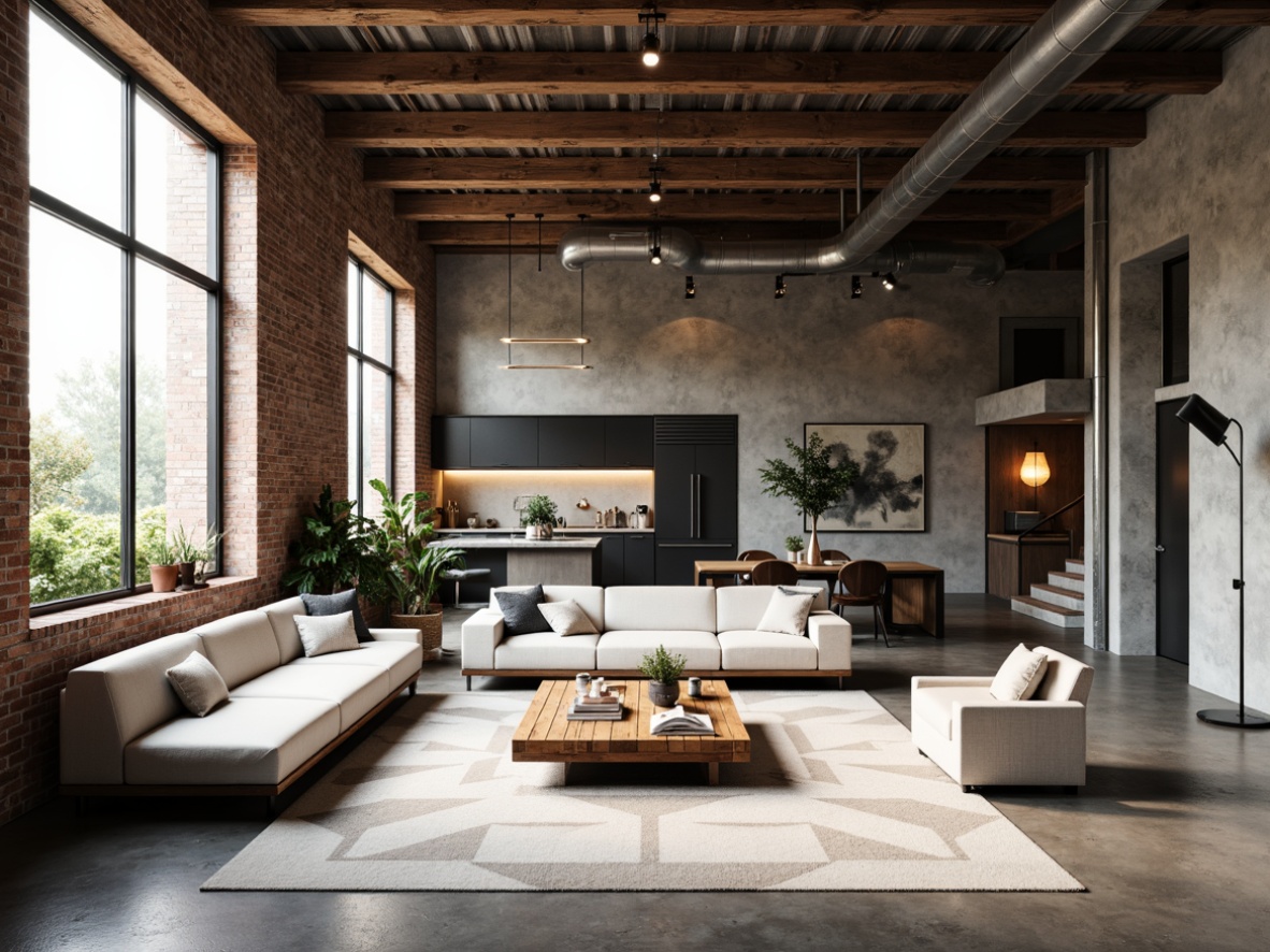 Prompt: Industrial chic loft, open-plan living space, minimalist decor, polished concrete floors, exposed brick walls, metal beams, floor-to-ceiling windows, natural light pouring in, sparse greenery, industrial-style lighting fixtures, reclaimed wood accents, monochromatic color scheme, sleek low-profile furniture, geometric-shaped rugs, airy atmosphere, soft warm glow, 1/1 composition, shallow depth of field, realistic textures.