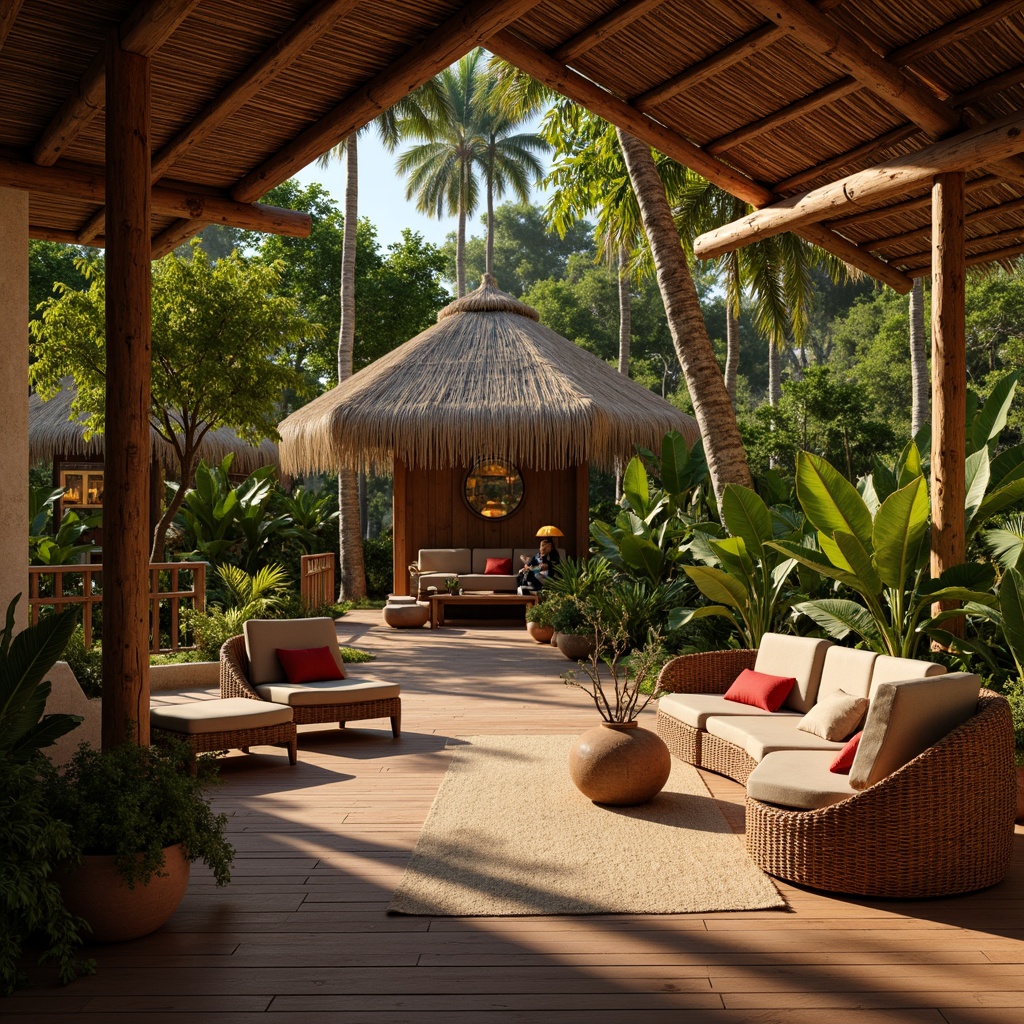 Prompt: Rich tropical ambiance, exotic wood accents, polished teak flooring, woven rattan furniture, vibrant greenery, lush palm trees, colorful tiki torches, natural stone walls, rustic thatched roofs, earthy terracotta pots, warm beige textiles, soft golden lighting, shallow depth of field, 1/1 composition, realistic reflections, ambient occlusion.