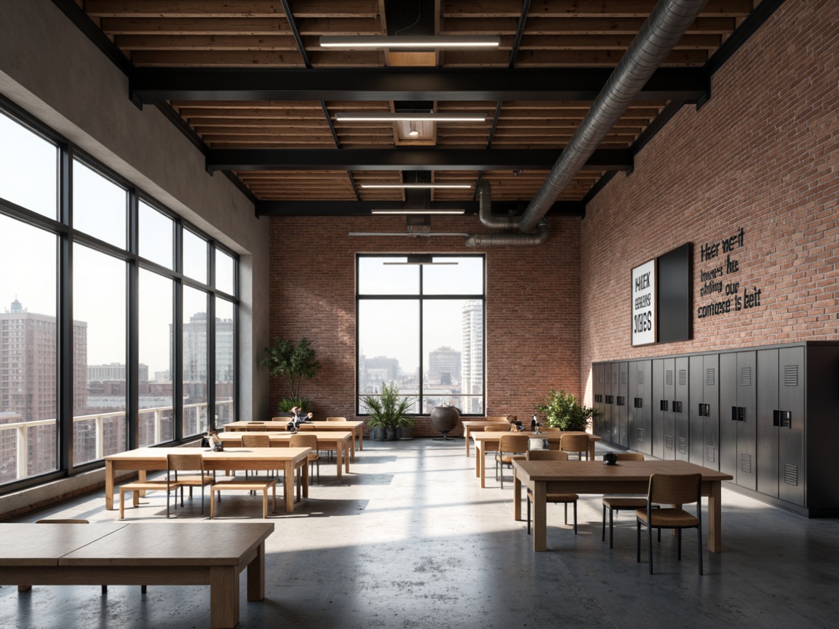 Prompt: Exposed brick walls, polished concrete floors, industrial metal beams, minimalist classrooms, sleek modern furniture, reclaimed wood accents, urban cityscape views, natural light pouring in, soft diffused shadows, 1/1 composition, atmospheric perspective, realistic materials, subtle color palette, functional decorative lighting, steel lockers, motivational quotes on walls, collaborative open spaces, eclectic artwork displays.