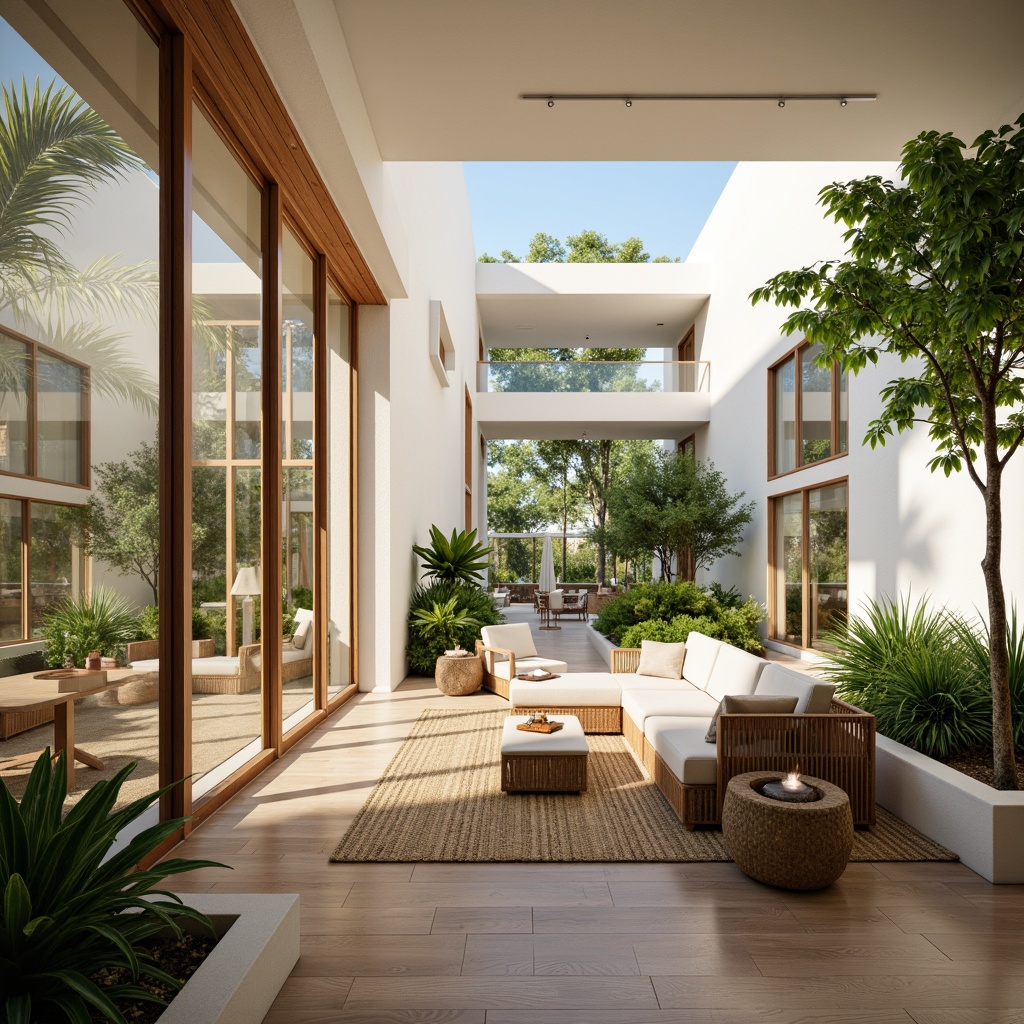 Prompt: Tropical style buildings, large windows, sliding glass doors, high ceilings, open floor plans, minimal obstructions, reflective white walls, polished wooden floors, lush greenery, palm trees, exotic plants, natural ventilation systems, clerestory windows, skylights, solar tubes, bright interior spaces, warm beige color schemes, organic textures, woven rattan furniture, rattan lampshades, driftwood accents, ocean breeze, sunny day, soft warm lighting, shallow depth of field, 3/4 composition, panoramic view.