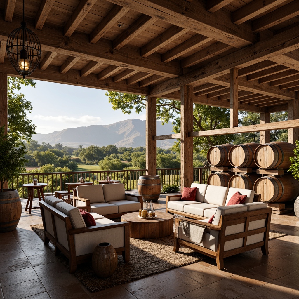 Prompt: Rustic winery setting, wooden barrels, vineyard views, reclaimed wood furniture, distressed metal accents, earthy color palette, natural stone floors, wooden beams, vintage wine-making equipment, elegant chandeliers, plush area rugs, comfortable sofas, oversized armchairs, wooden coffee tables, wine barrel stave headboards, soft warm lighting, cozy atmosphere, 1/1 composition, intimate close-up shots, realistic wood textures, ambient occlusion.