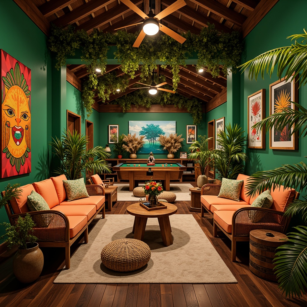 Prompt: Vibrant tropical game room, lush green walls, exotic wood furniture, woven rattan chairs, colorful tiki masks, palm tree decorations, natural fiber rugs, warm ambient lighting, cozy reading nooks, comfortable plush sofas, rustic wooden tables, vintage nautical instruments, tropical flower arrangements, bright coral accents, ocean-inspired artwork, refreshing misting system, 1/2 composition, shallow depth of field, realistic textures, soft focus blur.