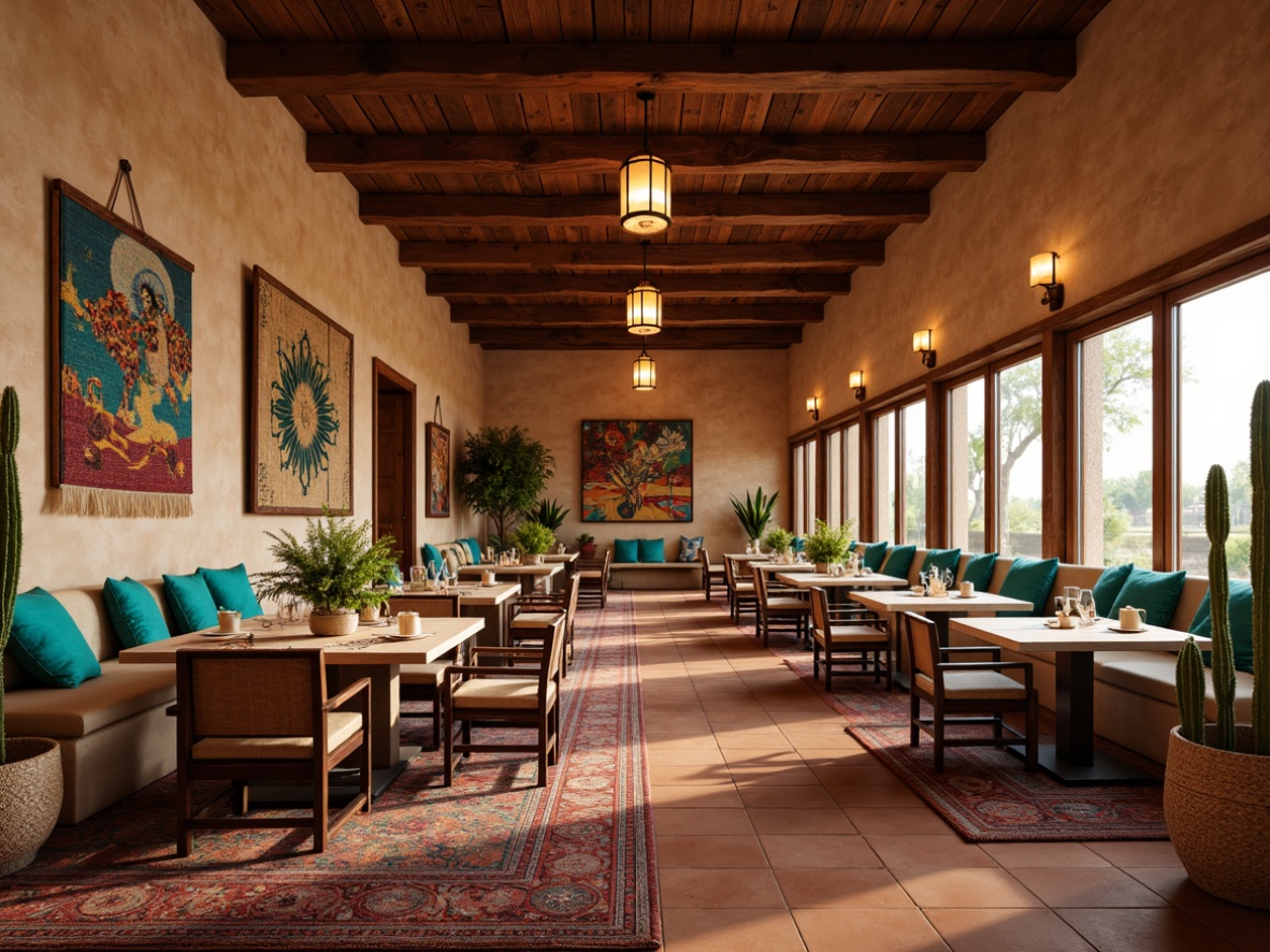 Prompt: Warm Southwestern dining room, rustic wooden furniture, woven tapestries, vibrant turquoise accents, earthy terracotta flooring, adobe-style architecture, large windows, soft warm lighting, pendant lanterns, table lamps, candlelight, cozy atmosphere, intimate seating, natural textiles, woven baskets, potted cacti, desert-inspired artwork, warm beige walls, comfortable upholstery, relaxed ambiance, shallow depth of field, 1/1 composition, realistic textures, ambient occlusion.