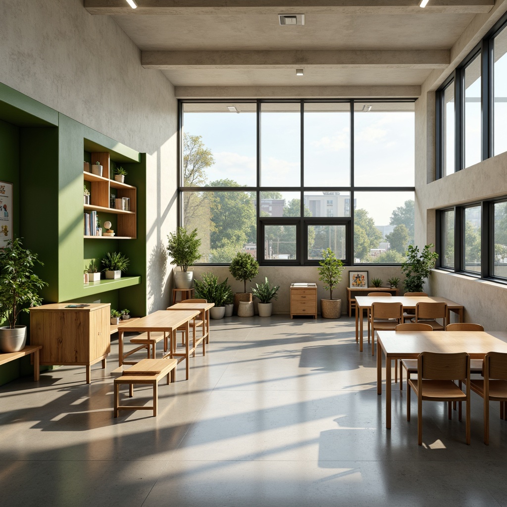 Prompt: Minimalist open-plan classrooms, natural light pouring, polished concrete floors, simple wooden furniture, green walls, potted plants, collaborative learning areas, flexible seating arrangements, educational displays, geometric-shaped shelves, calm color palette, abundant daylight, subtle shadows, 1/1 composition, soft focus, realistic textures, ambient occlusion.