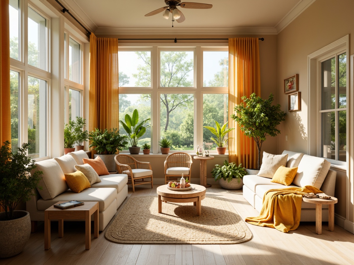 Prompt: Vibrant sunroom, warm beige walls, creamy white furniture, lush greenery, natural wood accents, bright yellow and orange hues, soft peach tones, calming blue undertones, sunny day, warm golden lighting, shallow depth of field, 3/4 composition, panoramic view, realistic textures, ambient occlusion.