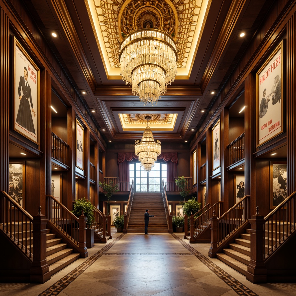 Prompt: Opulent chandeliers, ornate metalwork, crystal drops, luxurious fabrics, polished bronze accents, geometric patterns, bold typography, vintage posters, rich wood tones, lavish drapery, grand staircases, marble floors, high ceilings, dramatic uplighting, warm golden glow, soft ambient light, 1/1 composition, symmetrical framing, realistic reflections.