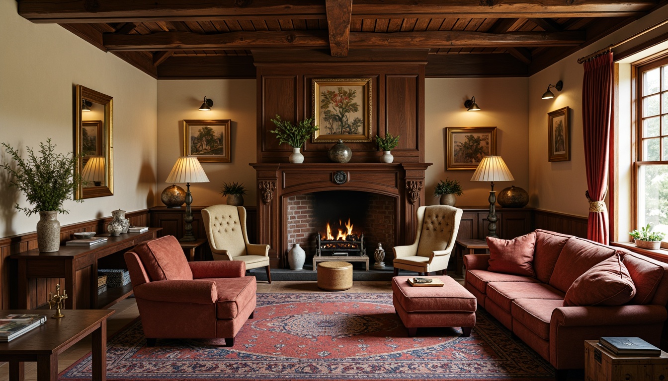 Prompt: Rich wood tones, ornate carvings, velvet upholstery, classic roll-arm chairs, elegant wooden tables, antique vases, luxurious fabrics, intricate patterns, warm beige walls, soft golden lighting, traditional English countryside inspiration, cozy fireside setting, rustic wooden beams, vintage decorative items, distressed leather sofas, tufted ottomans, bronze metal accents.