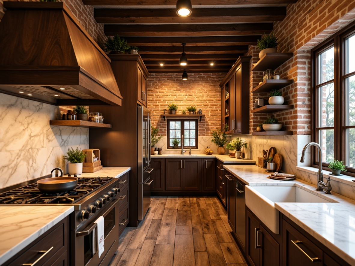 Prompt: Cozy kitchen, warm earthy tones, rich wood cabinetry, creamy marble countertops, soft golden lighting, inviting atmosphere, rustic brick walls, vintage metal appliances, distressed wooden floors, natural stone backsplashes, farmhouse sink, elegant pendant lights, 3/4 composition, shallow depth of field, realistic textures, ambient occlusion.