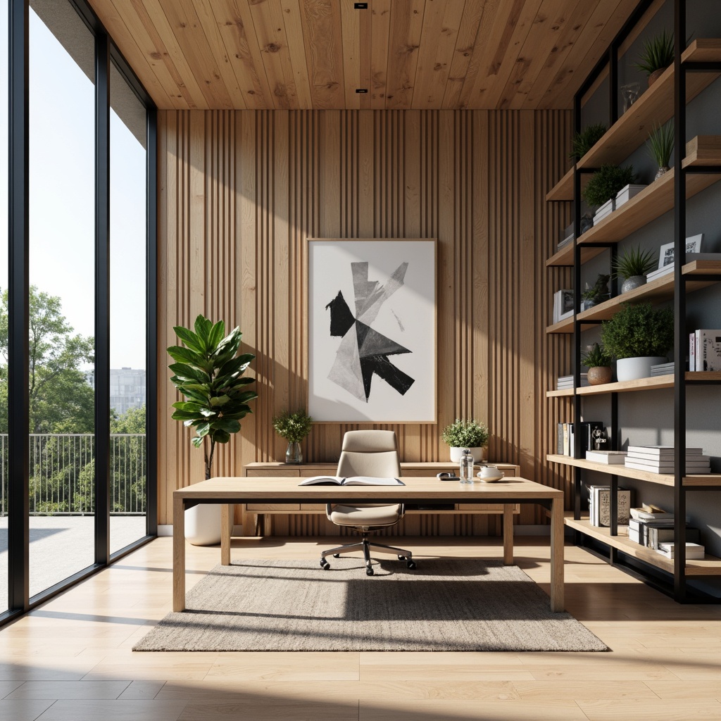 Prompt: Streamlined modern home office, minimalist desk, ergonomic chair, floor-to-ceiling windows, natural wood accents, monochromatic color scheme, geometric patterns, abstract artwork, sleek metal shelving, leather-bound books, potted plants, warm task lighting, soft box shadows, 1/1 composition, realistic textures, ambient occlusion.