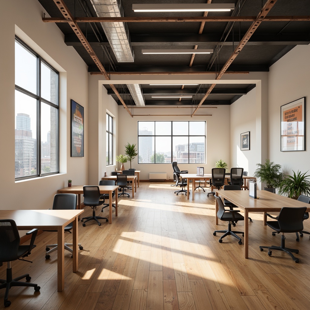 Prompt: Polished wooden floors, minimalist school interior, neutral color palette, abundant natural light, industrial metal beams, exposed ductwork, sleek modular furniture, ergonomic chairs, collaborative workspaces, educational graphics, motivational quotes, subtle branding elements, soft warm lighting, shallow depth of field, 1/1 composition, realistic textures, ambient occlusion.