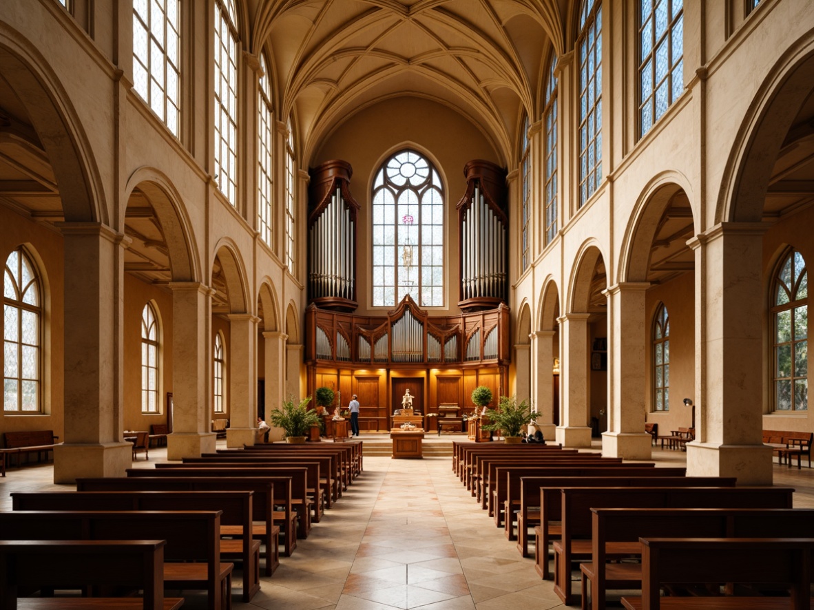 Prompt: Elegant church interior, vaulted ceilings, stunning stained glass windows, ornate wooden pews, grandiose pipe organs, intricate stone carvings, soft warm lighting, warm beige walls, cream-colored marble floors, subtle ambient illumination, dramatic spotlights, LED candlelight, gentle chancel lighting, devotional alcoves, serene atmosphere, peaceful ambiance, natural daylight pouring in, subtle shadows, 1/1 composition, realistic textures, ambient occlusion.