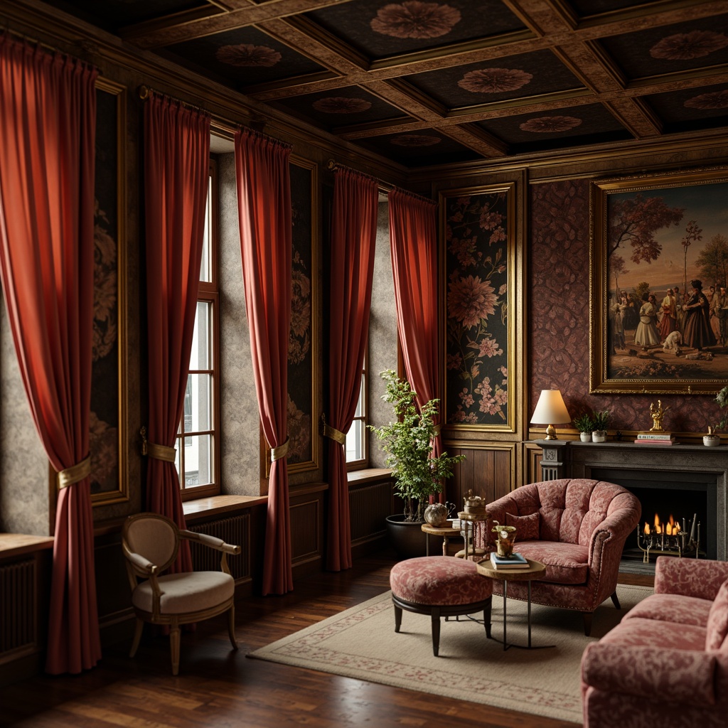 Prompt: Rich velvet drapes, ornate gold frames, classic wooden paneling, distressed stonework, vintage tapestries, rustic brick walls, soft warm lighting, Renaissance-inspired patterns, intricate moldings, luxurious fabrics, subtle color palette, traditional European architecture, cozy intimate atmosphere, shallow depth of field, 1/2 composition, realistic textures, ambient occlusion.