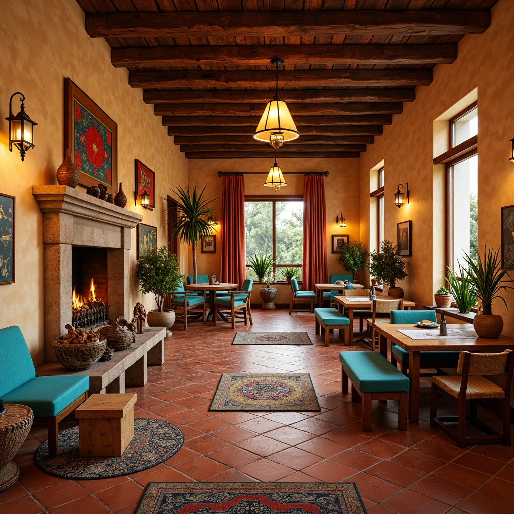 Prompt: Vibrant southwestern dining room, warm terracotta floors, rustic wooden tables, colorful ceramic tiles, woven textiles, vintage pendant lamps, soft warm lighting, cozy candlelight, earthy tone walls, natural stone fireplaces, plush area rugs, Spanish-inspired furniture, distressed wood accents, vibrant turquoise hues, golden hour ambiance, shallow depth of field, 1/1 composition, realistic textures.