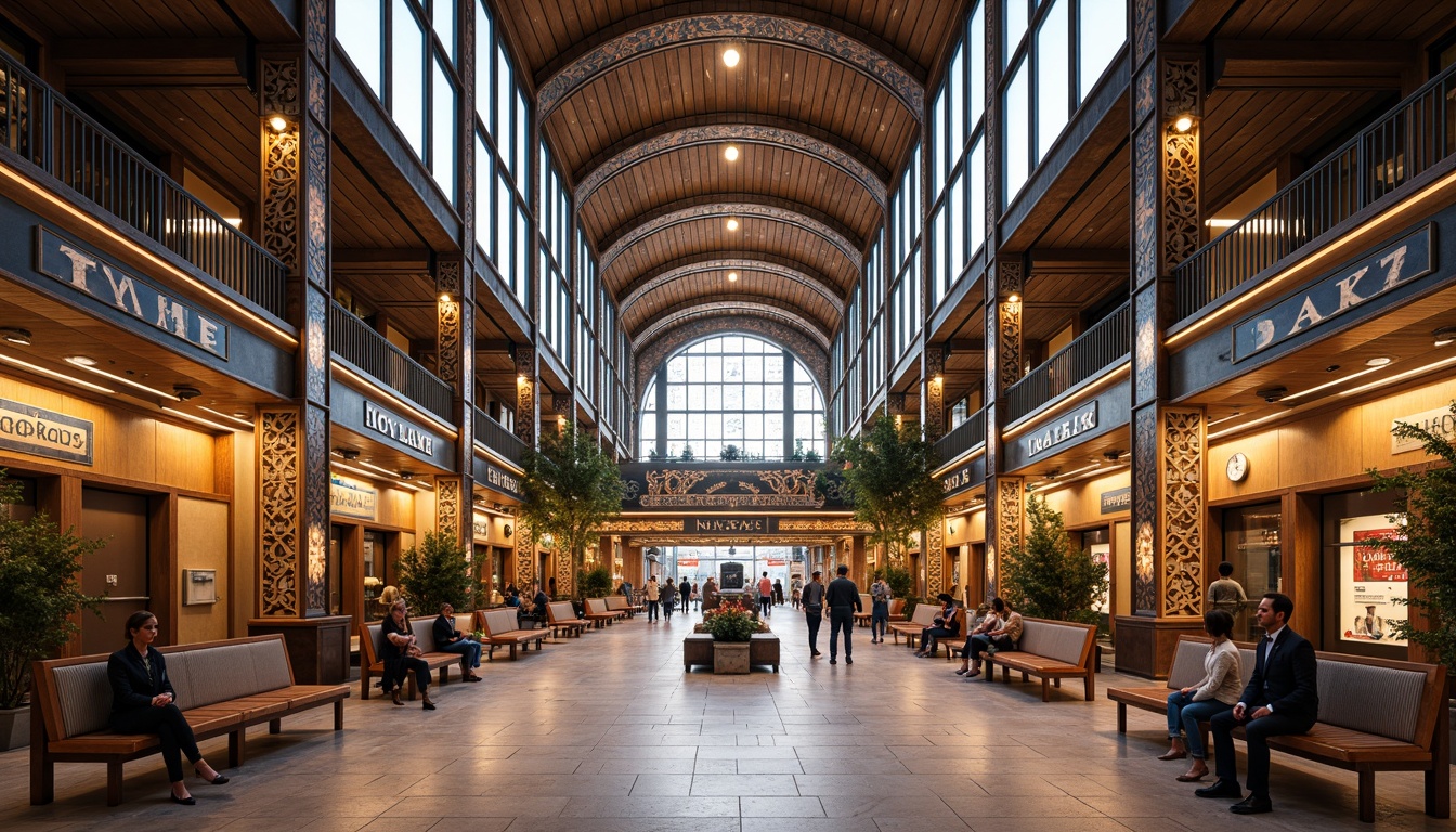 Prompt: Luxurious bus station, ornate metalwork, geometric patterns, bold color schemes, polished marble floors, curved wooden benches, sleek chrome accents, vintage luggage racks, intricate mosaics, stylized typography, circular clock towers, grand chandeliers, soft warm lighting, shallow depth of field, 1/1 composition, symmetrical framing, highly detailed textures, ambient occlusion.