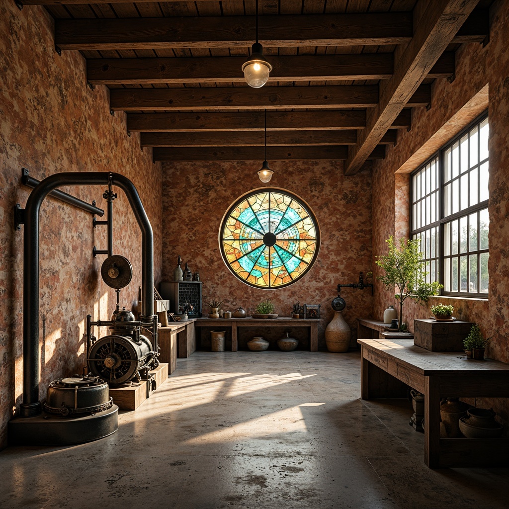 Prompt: Rustic workshop, textured walls, ornate metalwork, flowing organic lines, elegant curves, stained glass windows, vibrant turquoise accents, earthy terracotta tones, distressed wooden beams, vintage machinery, industrial lighting fixtures, soft warm glow, shallow depth of field, 1/1 composition, realistic textures, ambient occlusion.