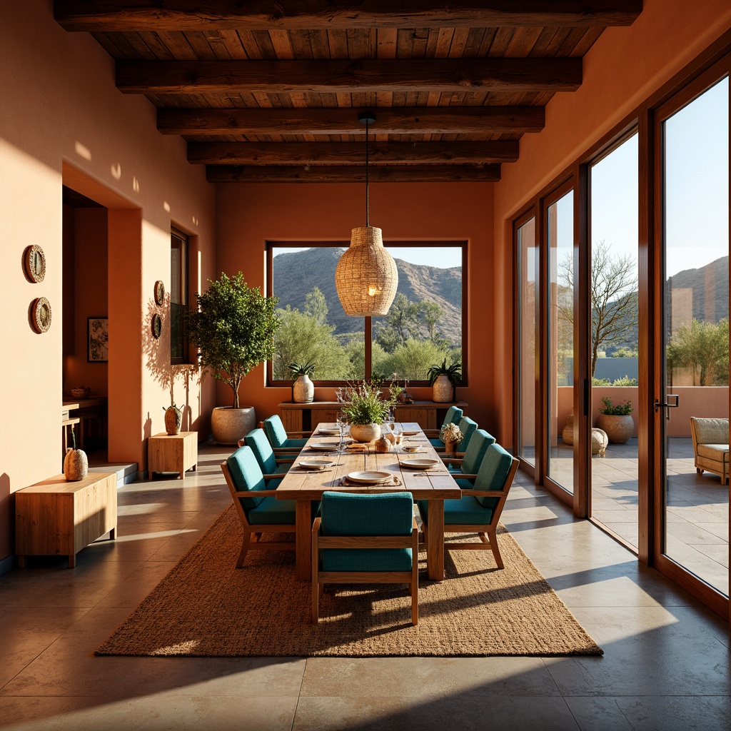 Prompt: Warm Southwestern dining room, rustic wooden furniture, vibrant turquoise accents, natural stone flooring, earthy terracotta walls, woven textiles, pendant lanterns, soft warm lighting, table lamps, floor-to-ceiling windows, sliding glass doors, desert landscape views, sunny afternoon, shallow depth of field, 1/2 composition, realistic shadows, ambient occlusion.