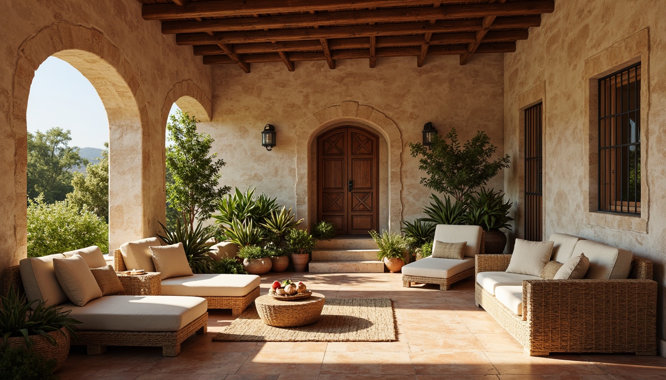 Prompt: Warm Mediterranean interior, distressed stone walls, rough-hewn wooden beams, terracotta floor tiles, ornate ironwork, rustic doorways, arched windows, soft warm lighting, natural linen fabrics, woven wicker furniture, earthy color palette, vintage decorative accents, lush greenery, potted plants, sunny afternoon, shallow depth of field, 1/2 composition, realistic textures, ambient occlusion.