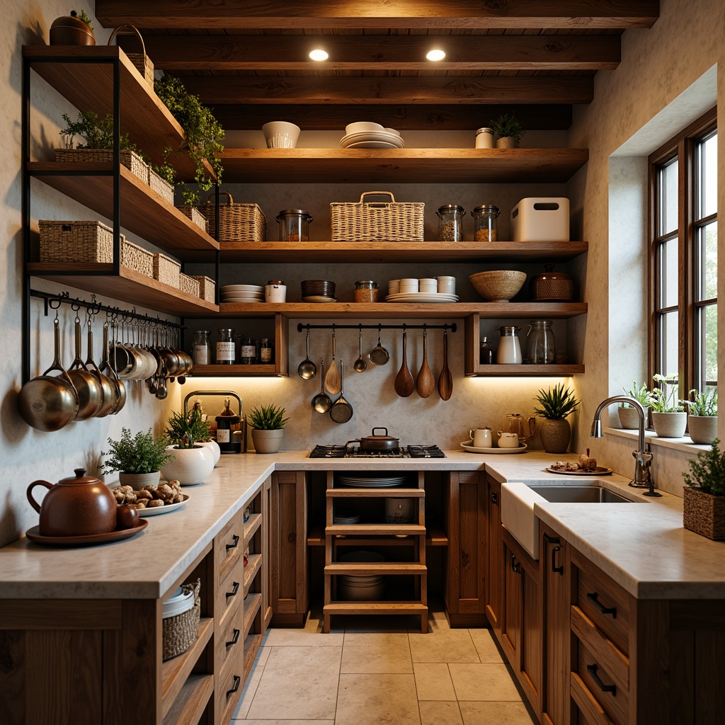 Prompt: Cozy pantry, warm lighting, wooden shelves, metal racks, woven baskets, ceramic containers, glass jars, labeled storage bins, spice organizers, adjustable shelf dividers, retractable step stools, wall-mounted pot racks, hanging utensil holders, natural stone countertops, earthy color scheme, soft shadows, shallow depth of field, 1/1 composition, realistic textures.