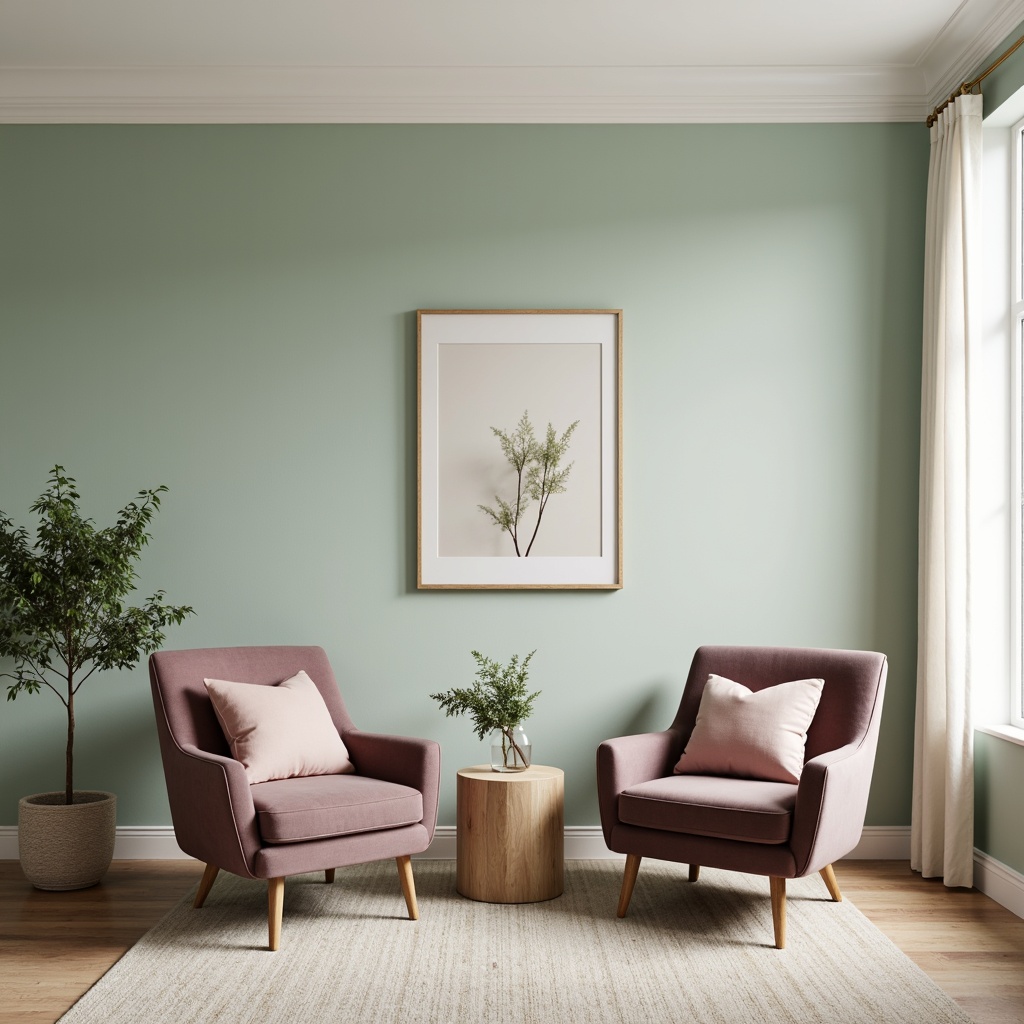 Prompt: Soft celadon walls, creamy whites, warm beige accents, natural wood textures, minimalist decor, calming atmosphere, subtle color pops, blush pink throw pillows, mauve velvet armchairs, soft sage greenery, delicate florals, matte brass hardware, serene ambiance, gentle lighting, shallow depth of field, 1/1 composition, realistic renderings, ambient occlusion.