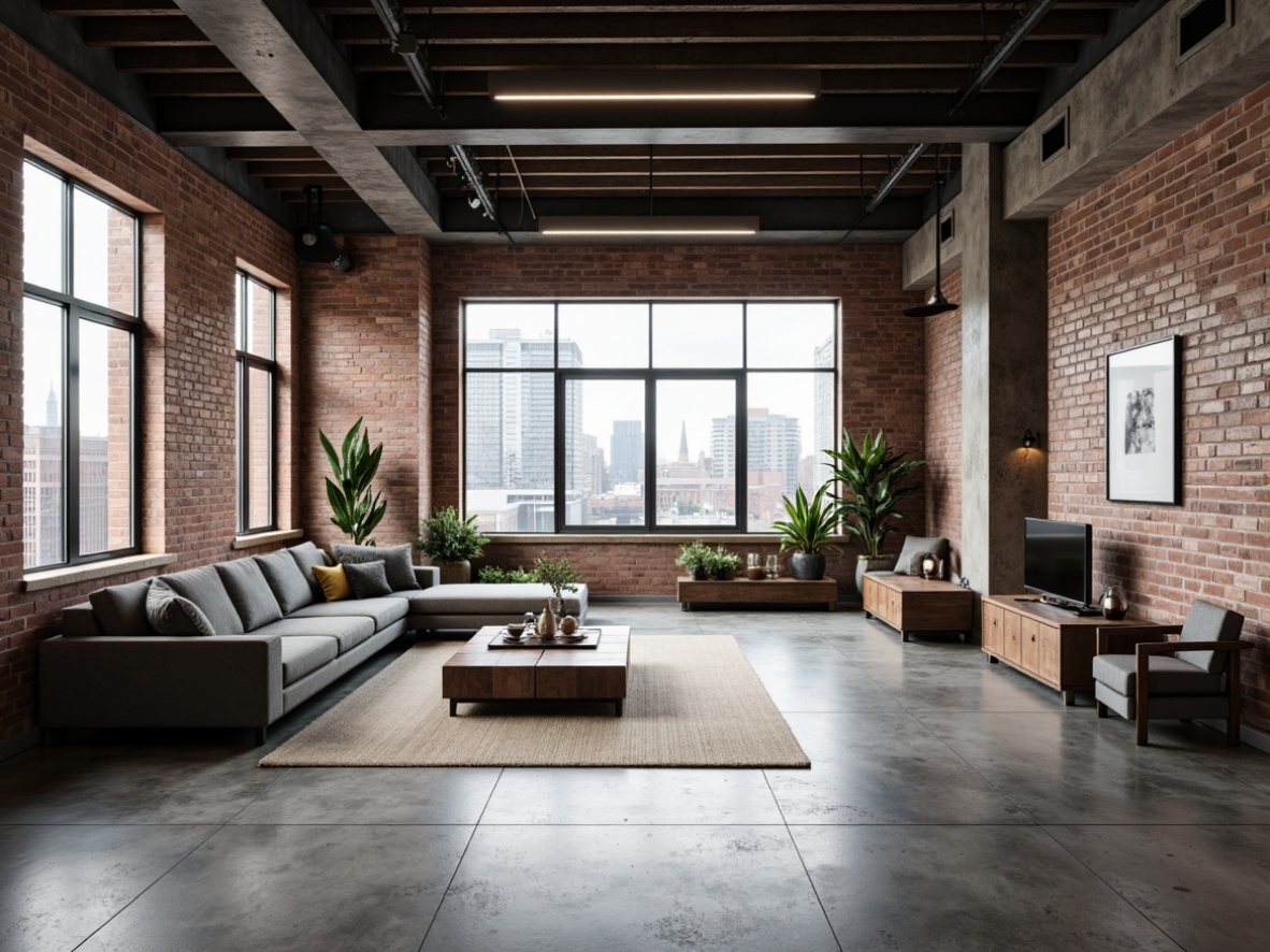 Prompt: Industrial chic loft, exposed brick walls, polished concrete floors, minimalist decor, open concept living, airy atmosphere, natural light pouring, floor-to-ceiling windows, metal beams, reclaimed wood accents, monochromatic color scheme, sleek lines, modern furniture pieces, low-profile sofas, geometric-shaped coffee tables, pendant lighting fixtures, urban cityscape views, cloudy day, soft diffused light, shallow depth of field, 2/3 composition, cinematic view, realistic textures, ambient occlusion.