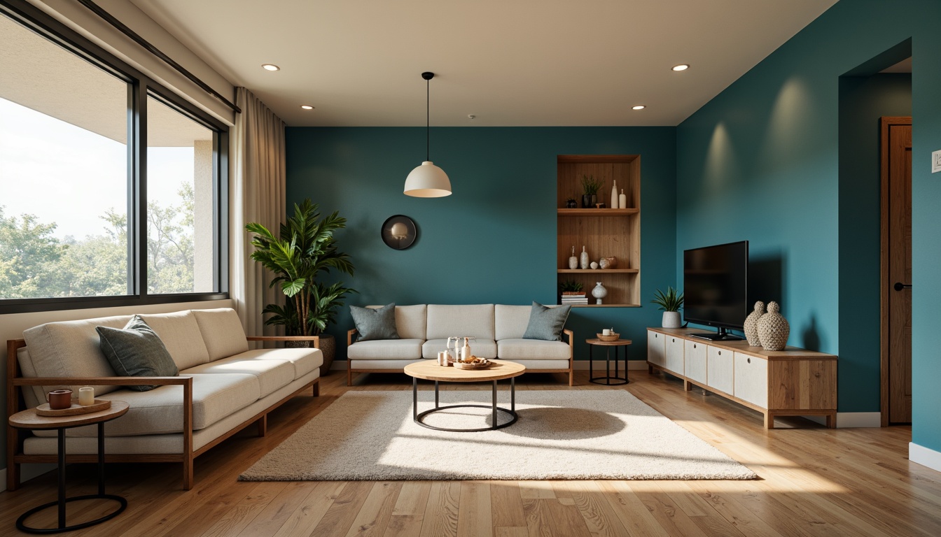 Prompt: Cozy basement, cerulean blue accent walls, warm beige flooring, soft cream ceiling, modern minimalist furniture, industrial metal decor, reclaimed wood accents, cozy reading nook, plush area rug, ambient warm lighting, 1/1 composition, shallow depth of field, realistic textures, subtle gradient effects.