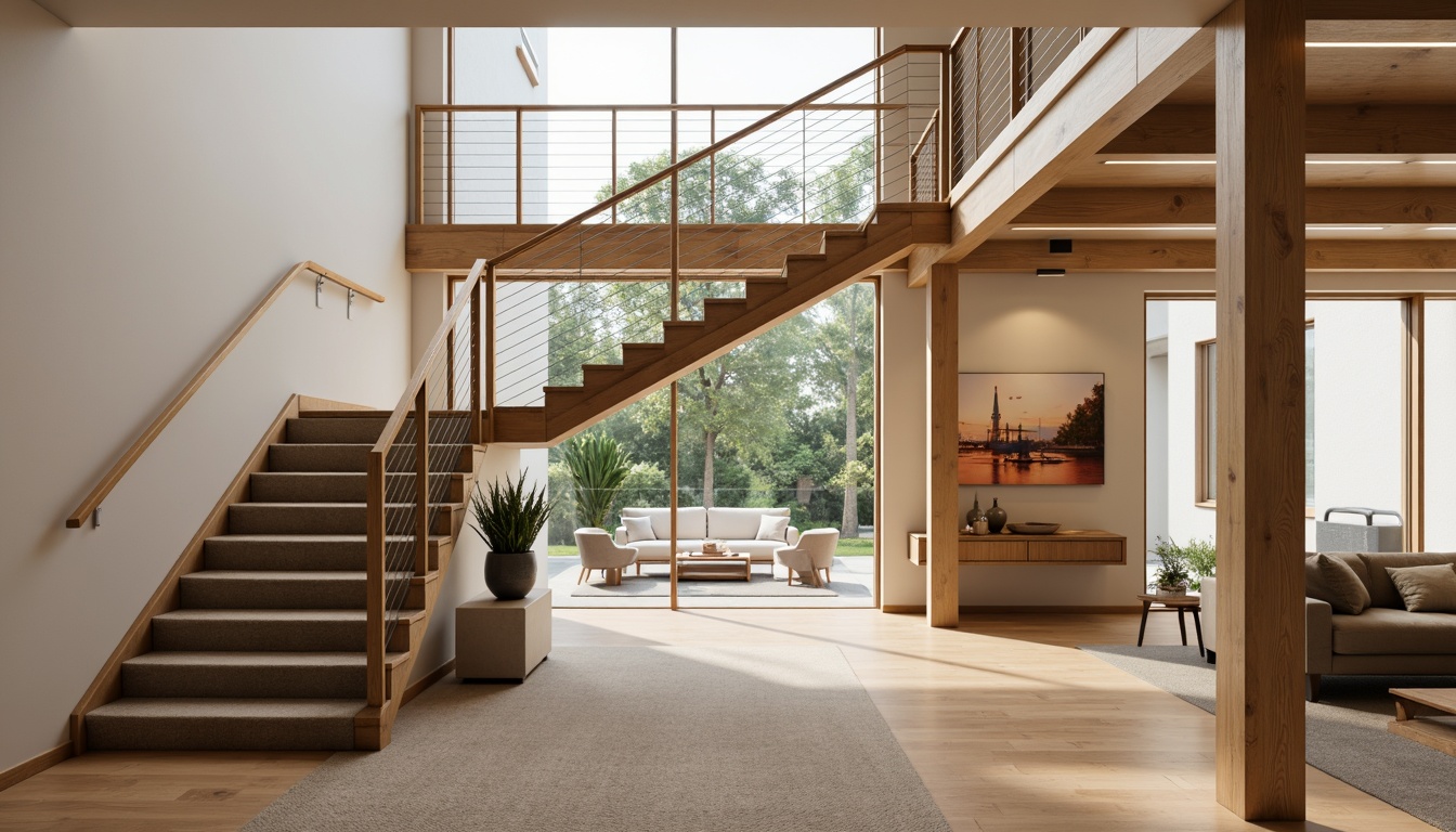 Prompt: Mid-century modern staircase, sleek balustrades, wooden handrails, minimalist metal spindles, low-profile glass panels, stainless steel cable rails, geometric patterned newel posts, oak wood treads, carpeted stairs, subtle LED lighting, warm beige color scheme, open-plan living area, spacious interior, natural light pouring in, 3/4 composition, shallow depth of field, realistic textures.