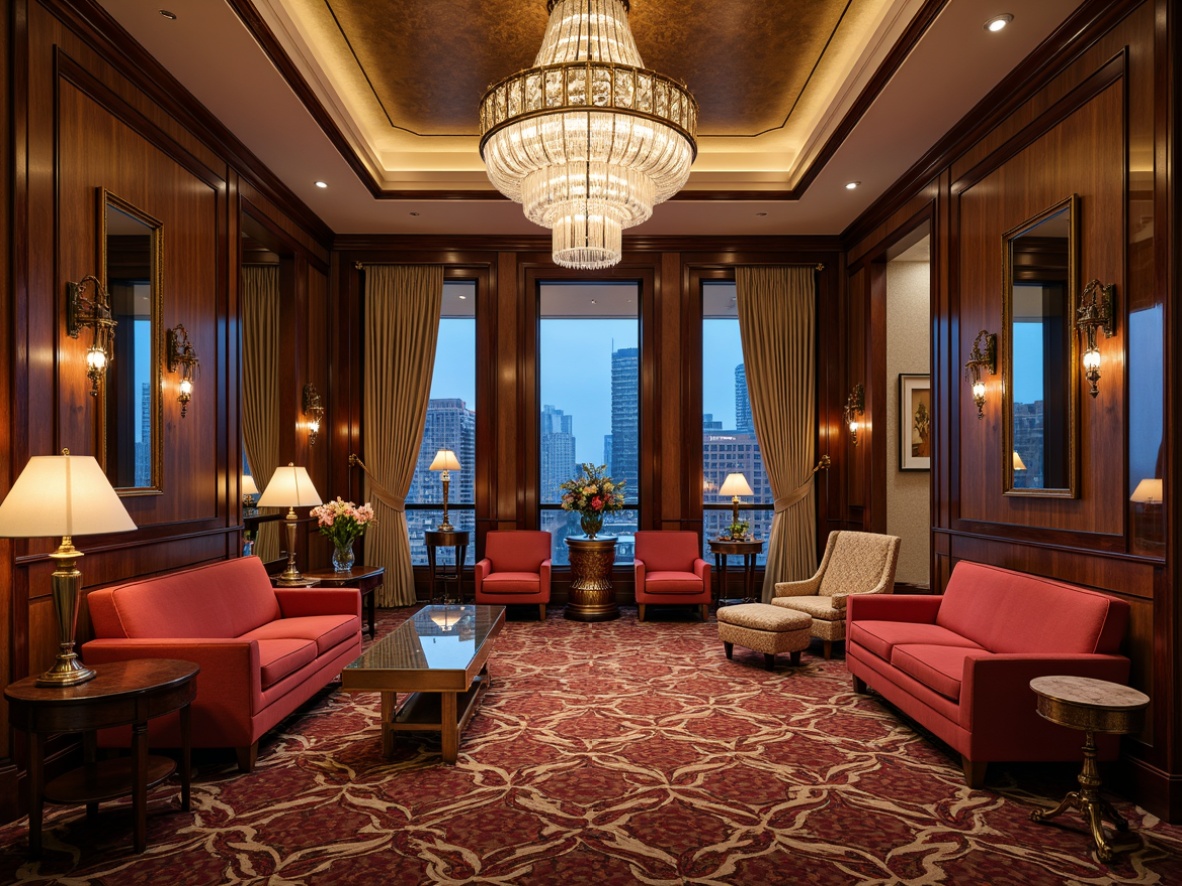 Prompt: Luxurious great room, Art Deco style, velvet sofas, metallic coffee tables, ornate mirrors, geometric patterns, glamorous chandeliers, rich wood paneling, opulent rugs, vintage armchairs, curved lines, metallic accents, bold colors, statement pieces, floor-to-ceiling windows, city skyline views, warm ambient lighting, 1/1 composition, high-contrast imagery, detailed textures, subtle reflections.