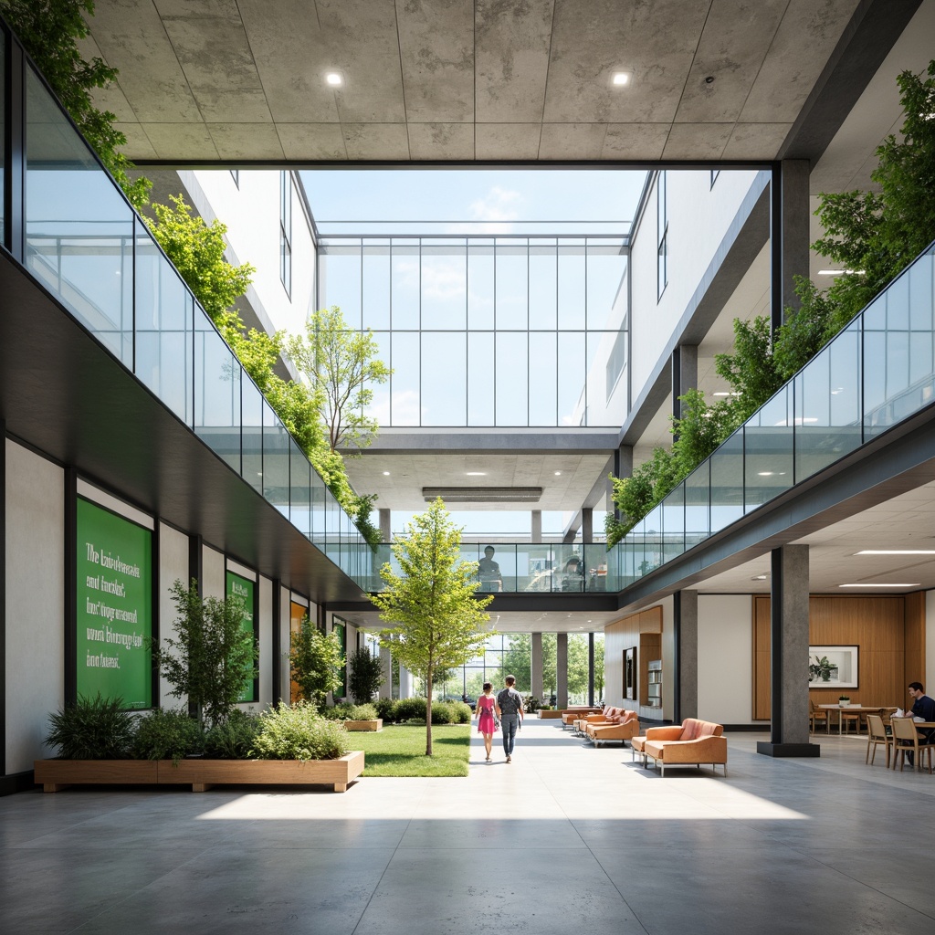 Prompt: Minimalist high school building, open atrium, natural light, polished concrete floors, industrial metal beams, sleek glass railings, modern furniture, collaborative workspaces, green walls, living plants, educational graphics, motivational quotes, calm color scheme, abundant daylight, soft shadows, 1/1 composition, symmetrical architecture, clean lines, minimal textures, subtle ambient occlusion.