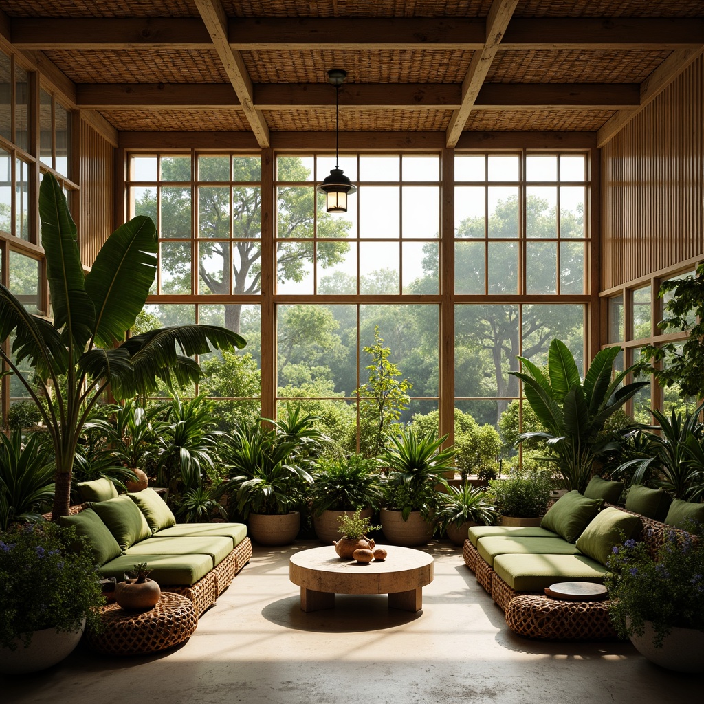 Prompt: Serenely lit Asian-style greenhouse, lush tropical plants, natural wood accents, woven rattan furniture, intricately carved wooden benches, plush green cushions, lantern-inspired pendant lights, earthy tone ceramics, bamboo screens, sliding shoji doors, minimalist decor, peaceful ambiance, warm soft lighting, shallow depth of field, 1/1 composition, realistic textures, ambient occlusion.