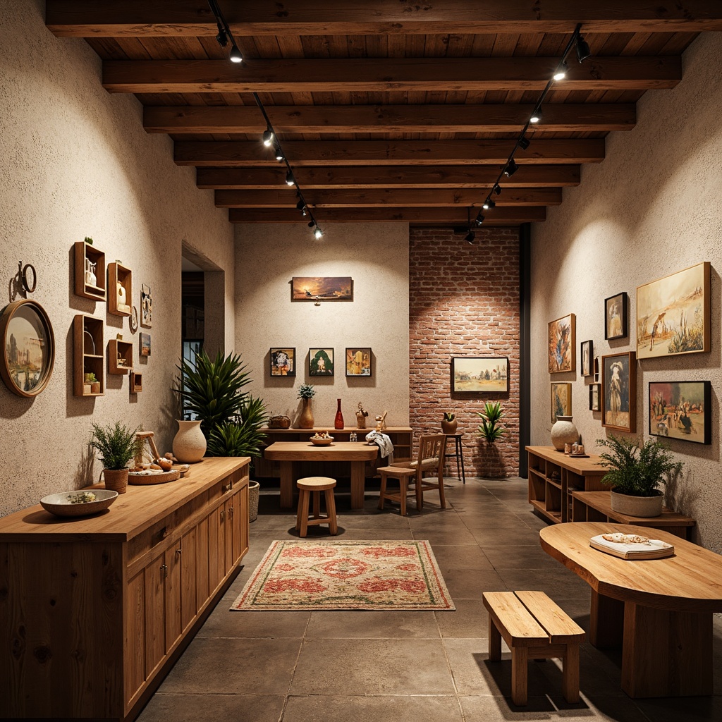 Prompt: Rustic visual arts center, reclaimed wood accents, natural stone walls, earthy color palette, wooden beam ceilings, exposed brick details, distressed metal fixtures, vintage decorative items, woven textiles, handmade ceramics, organic shapes, warm ambient lighting, soft focus blur, 1/1 composition, intimate atmosphere, cozy nooks, natural fiber rugs, live edge wooden tables, eclectic art displays, whimsical sculptures, earthy fragrance, serene ambiance.