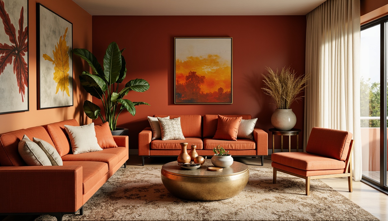 Prompt: Vibrant living room, bold accent walls, rich wood tones, plush furniture upholstery, metallic gold accents, earthy terracotta pottery, soft cream curtains, natural fiber rugs, warm ambient lighting, 3/4 composition, shallow depth of field, realistic textures, ambient occlusion.