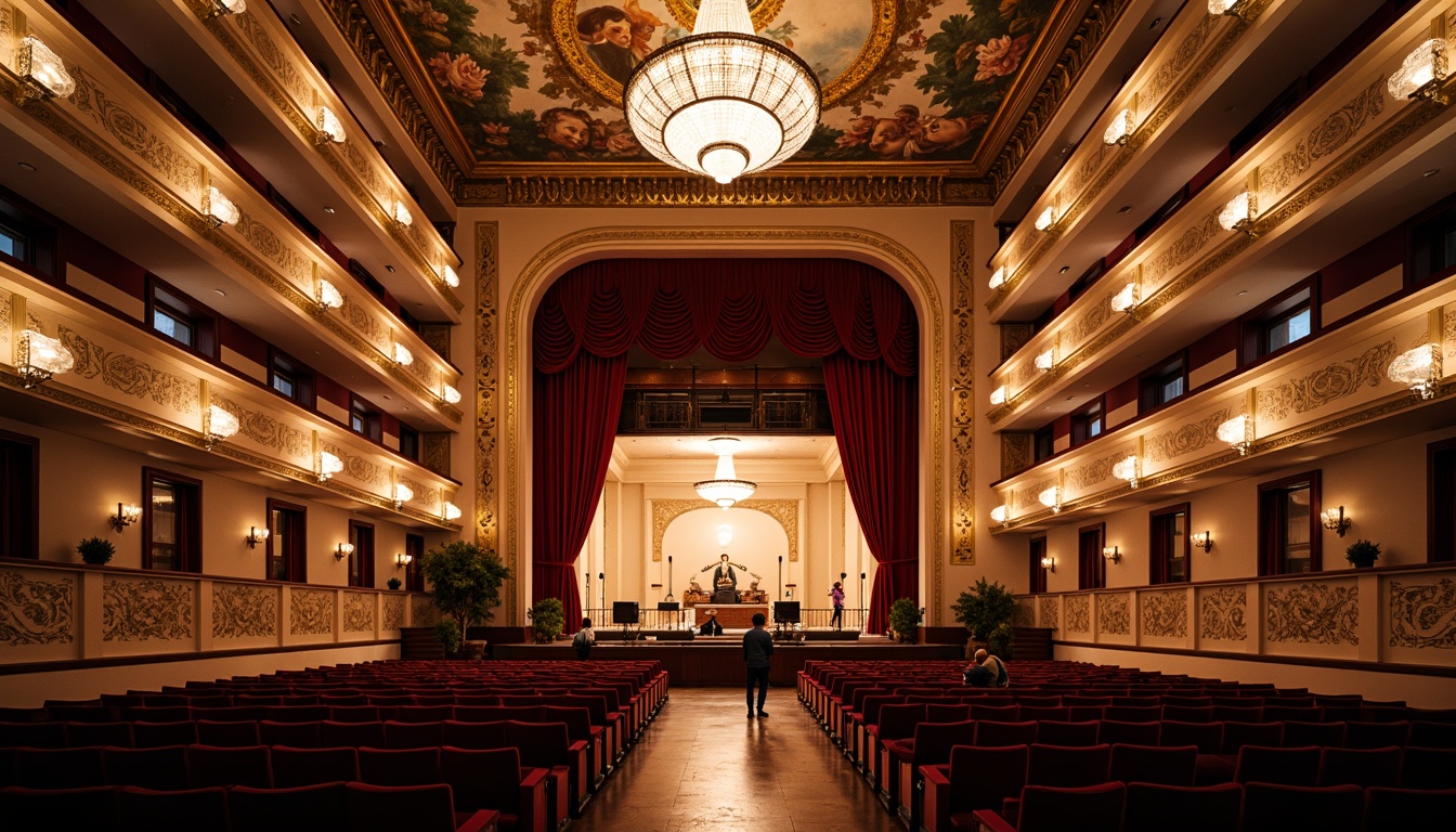 Prompt: Grand opera house, opulent chandeliers, red velvet curtains, gilded moldings, marble floors, ornate balconies, majestic staircases, luxurious box seats, crystal lighting fixtures, intricate frescoes, spacious auditoriums, acoustic sound systems, tiered seating arrangements, grand performance stages, dramatic spotlights, soft warm lighting, 3/4 composition, atmospheric perspective, realistic textures, ambient occlusion.