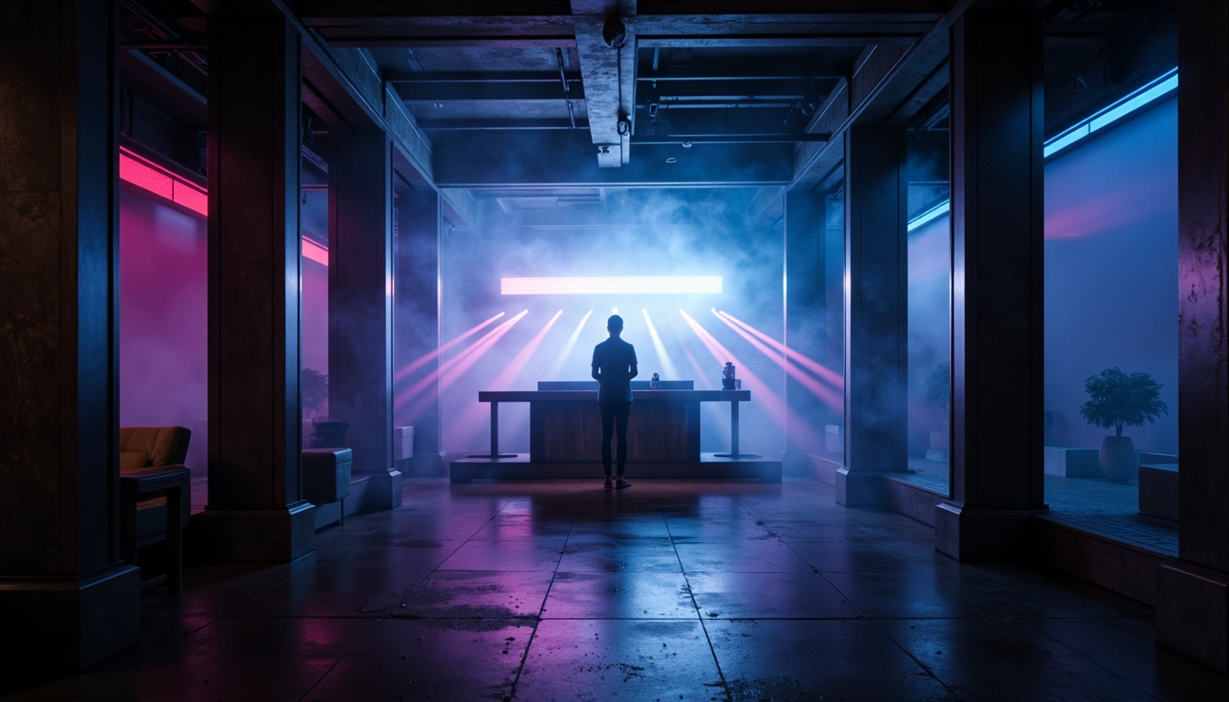 Prompt: Dark atmosphere, dimly lit dance floor, strobe lights, laser beams, DJ booth, futuristic console, minimalist decor, sleek metal accents, polished concrete floors, matte black walls, neon-lit bar, LED strips, color-changing ambient lighting, fog machines, misty atmosphere, shallow depth of field, 1/1 composition, dramatic low-angle shots, high-contrast lighting, bold geometric patterns, abstract visual effects.