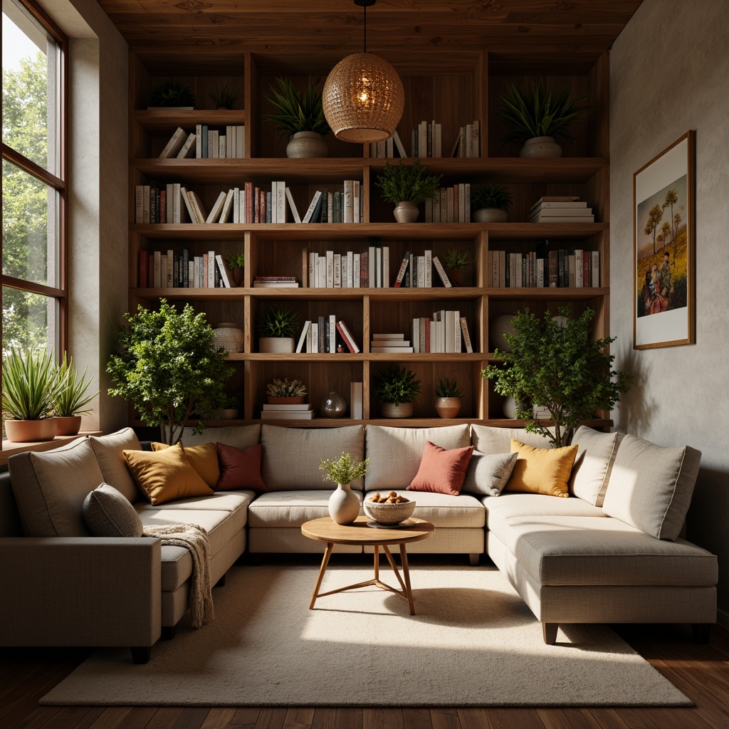 Prompt: Cozy reading nook, warm lighting, comfortable seating, plush cushions, wooden shelves, stacked books, greenery, natural textiles, earthy tones, rustic decor, intimate atmosphere, soft carpeting, minimalist coffee table, artistic vase, serene ambiance, shallow depth of field, 1/1 composition, warm color palette, realistic wood grain.