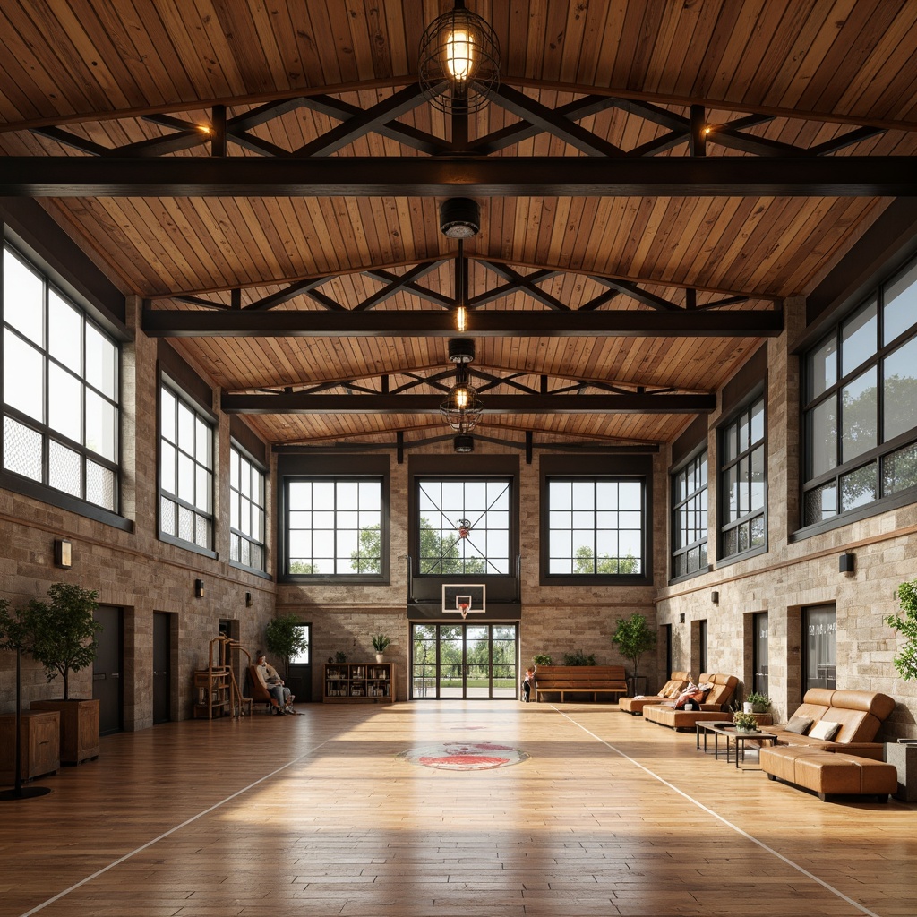 Prompt: Rustic gymnasium interior, reclaimed wood accents, industrial metal beams, earthy tones, warm color palette, natural stone walls, wooden floors, suspended LED lighting, metal cage lamps, dimmable spotlights, softbox lights, wooden bleachers, vintage sports equipment, distressed finishes, textured concrete columns, open ceiling, abundant natural light, high contrast ratio, shallow depth of field, 2/3 composition, realistic textures, ambient occlusion.