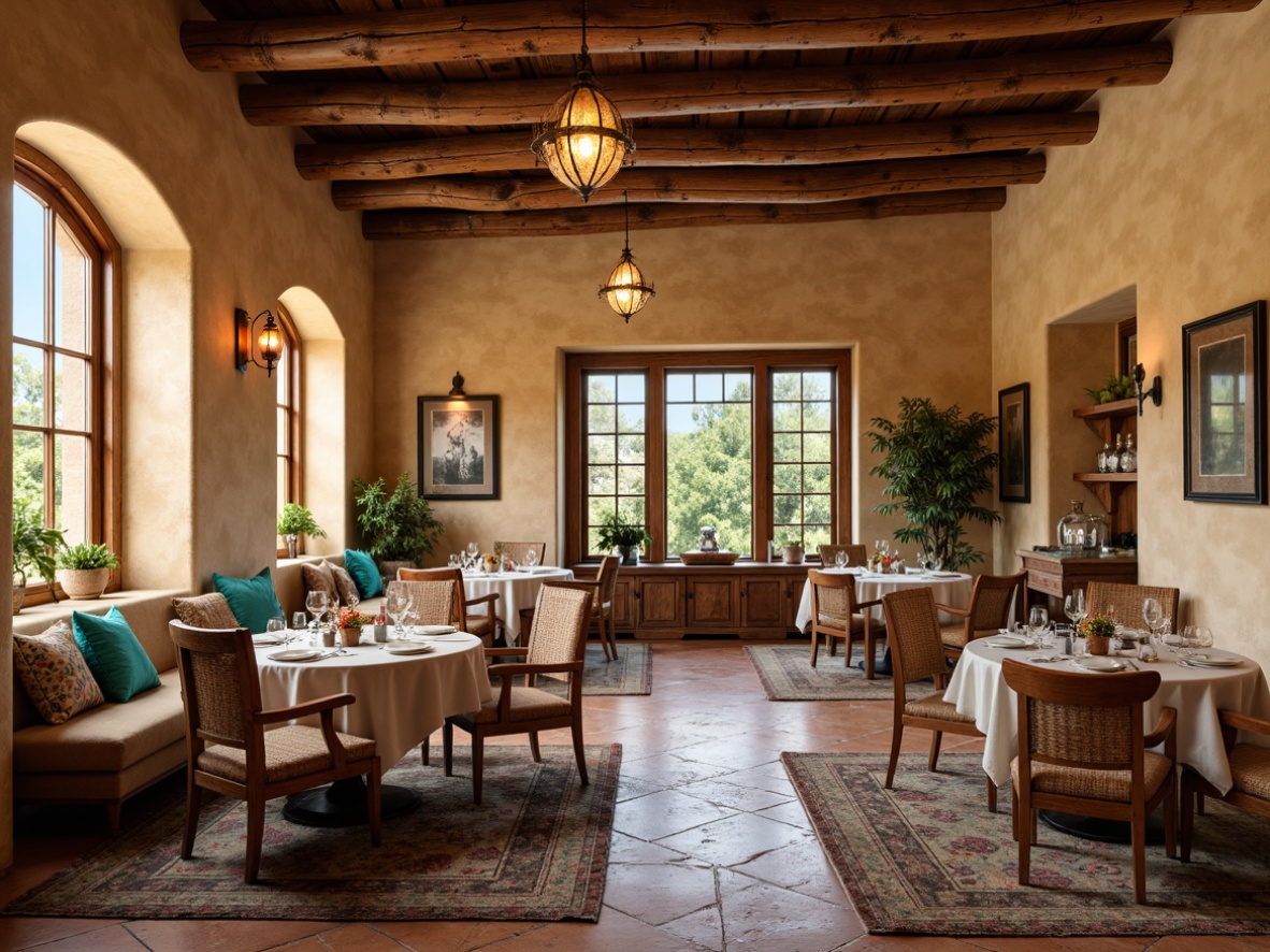 Prompt: Southwestern-themed dining room, warm earthy tones, rustic wooden furniture, woven textiles, vibrant turquoise accents, patterned rugs, natural stone flooring, adobe-style walls, arched windows, soft diffused lighting, 3/4 composition, cozy intimate atmosphere, warm beige colors, rough-hewn wood beams, authentic Native American-inspired patterns, comfortable plush upholstery, earthy scent, relaxed ambiance.