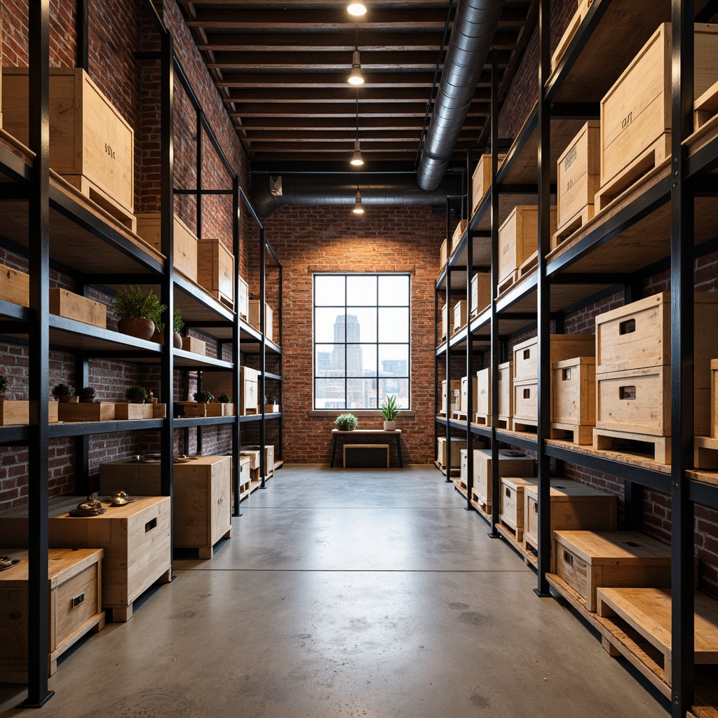 Prompt: Industrial-style storage room, exposed brick walls, metallic shelving units, reclaimed wood accents, matte black hardware, polished concrete floors, modern track lighting, soft warm glow, minimal decor, functional layout, optimized storage solutions, rustic wooden crates, steel beams, urban loft ambiance, neutral color palette, subtle textures, 1/1 composition, shallow depth of field, realistic rendering.