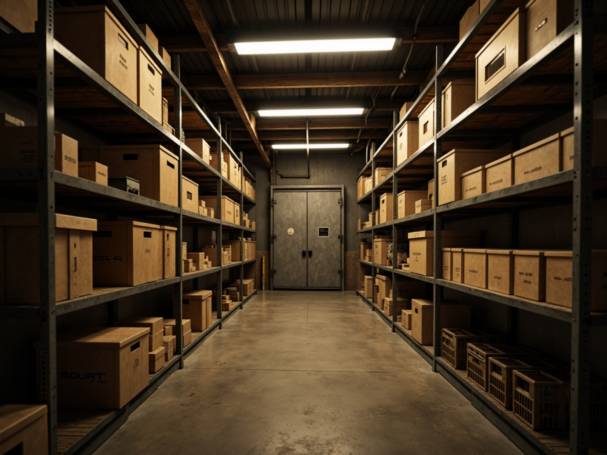 Prompt: Dimly lit storage room, industrial shelving units, metal racks, crates and boxes, rustic wooden accents, warm beige tones, LED strip lighting, overhead fluorescent lights, soft diffused illumination, 1/1 composition, shallow depth of field, realistic textures, ambient occlusion.