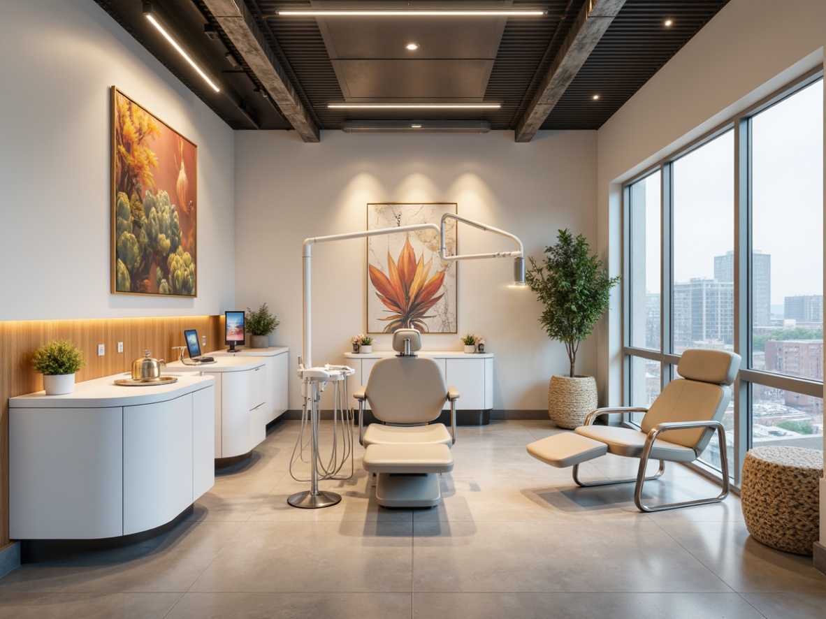 Prompt: Minimalist dental clinic, sleek metallic equipment, modern streamline furniture, ergonomic chairs, white glossy surfaces, LED lighting, calming ambiance, nature-inspired artwork, floor-to-ceiling windows, cityscape views, urban loft atmosphere, polished concrete floors, industrial-chic decor, Scandinavian-inspired wood accents, soft pastel colors, warm beige tones, 3/4 composition, shallow depth of field, panoramic view, realistic textures, ambient occlusion.